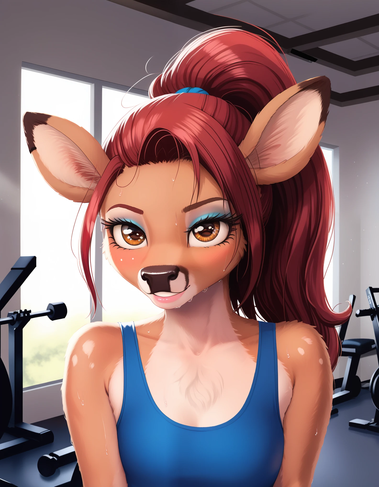 masterpiece, best quality, (hioshiru, tom bagshaw), female deer, anthro, workout, perfect eyes, long eyelashes, (deer), (sweaty face), (red hair, ponytail), brown fur, (makeup, eyeliner:1.1)BREAK (detailed background:1.3), (cinematic lighting), detailed ambient light, (detailed lighting), (ambient light on the body), , ((dark outlines)), [[by taran fiddler]], by dagasi, by Foxovh, (sharp focuasterpiece, 8k, 4k,raw photo, warm lighting, best quality, hi res, high resolution, high details, ultra realistic, absurd res