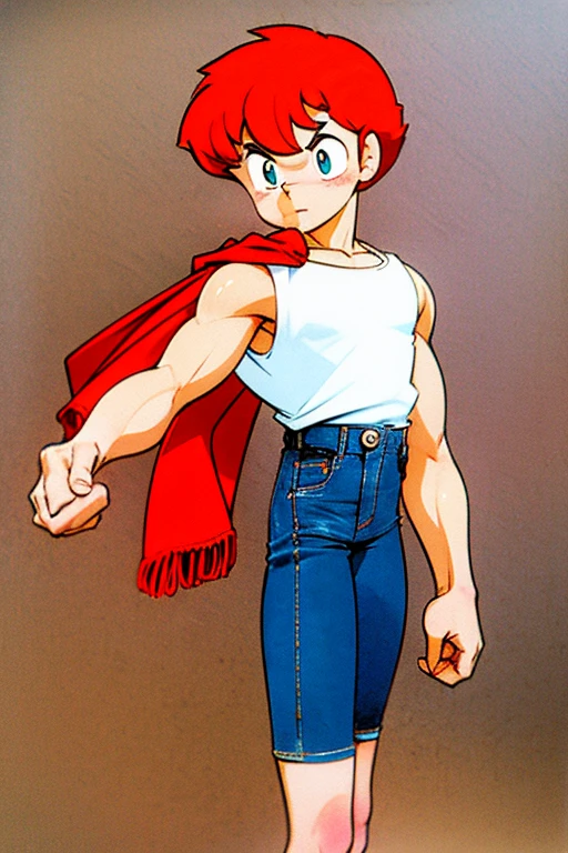 cute -yeld gin irish kid boy, fkles, red scarf, faded white shirt, short blue denim shorts, athletic physique, strong body, barefoot