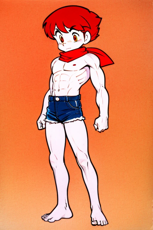 cute -yeld gin irish kid boy, fkles, red scarf, faded white shirt, short blue denim shorts, athletic physique, strong body, barefoot