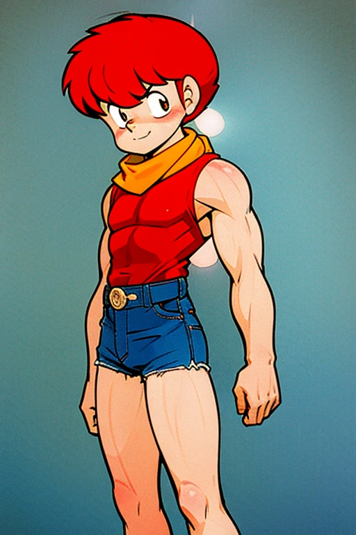 cute 12-years-old ginger irish kid boy, freckles, red scarf, faded white shirt, short blue denim shorts, athletic physique, strong body, barefoot