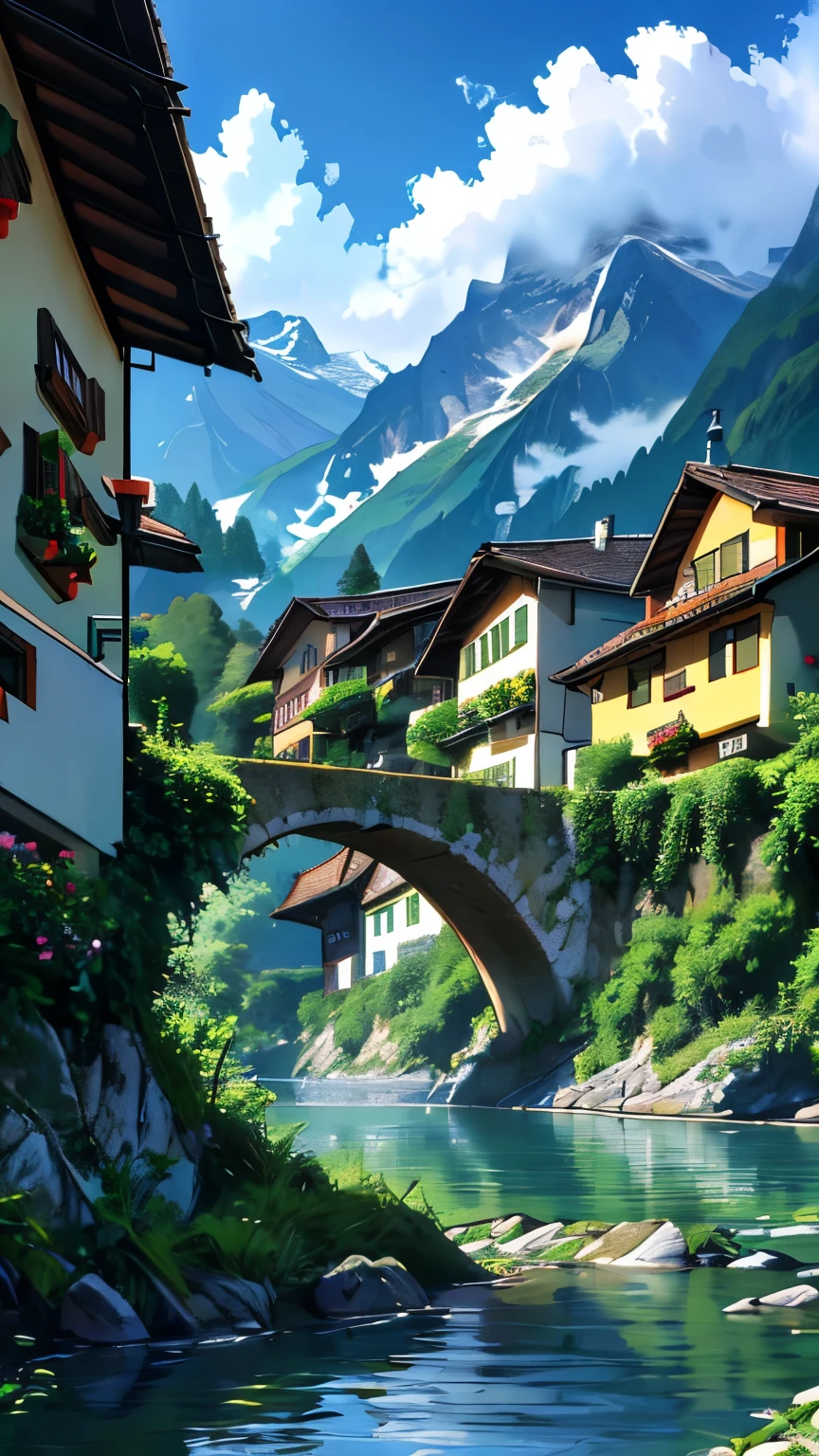 Painting of a mountain village with a bridge over a river - SeaArt AI