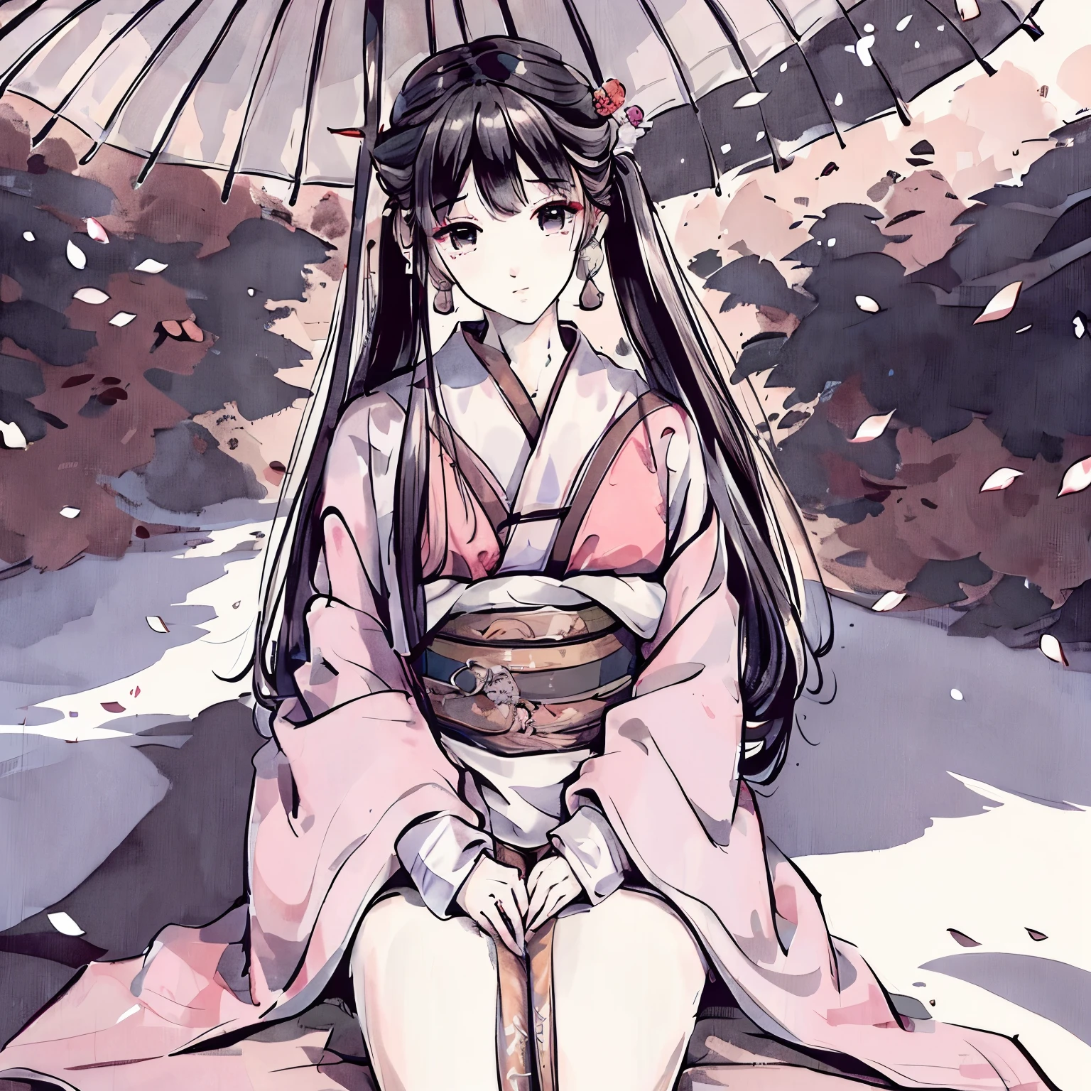 High resolution、High resolution、in 8K、RAWphotographgraphy、Highest quality、masterpiece、,(masterpiece),(best quality),hyper detailed,realistic,perfect ???????,perfect face,
sexy,seductive,1girl,japanese,geisha,long hair,bare shoulders,kimono,white_thighhighs,
sitting,holding,swing,wind,in spring,falling petals,cherry blossoms,(looking_at_viewer),dynamic_angle,
