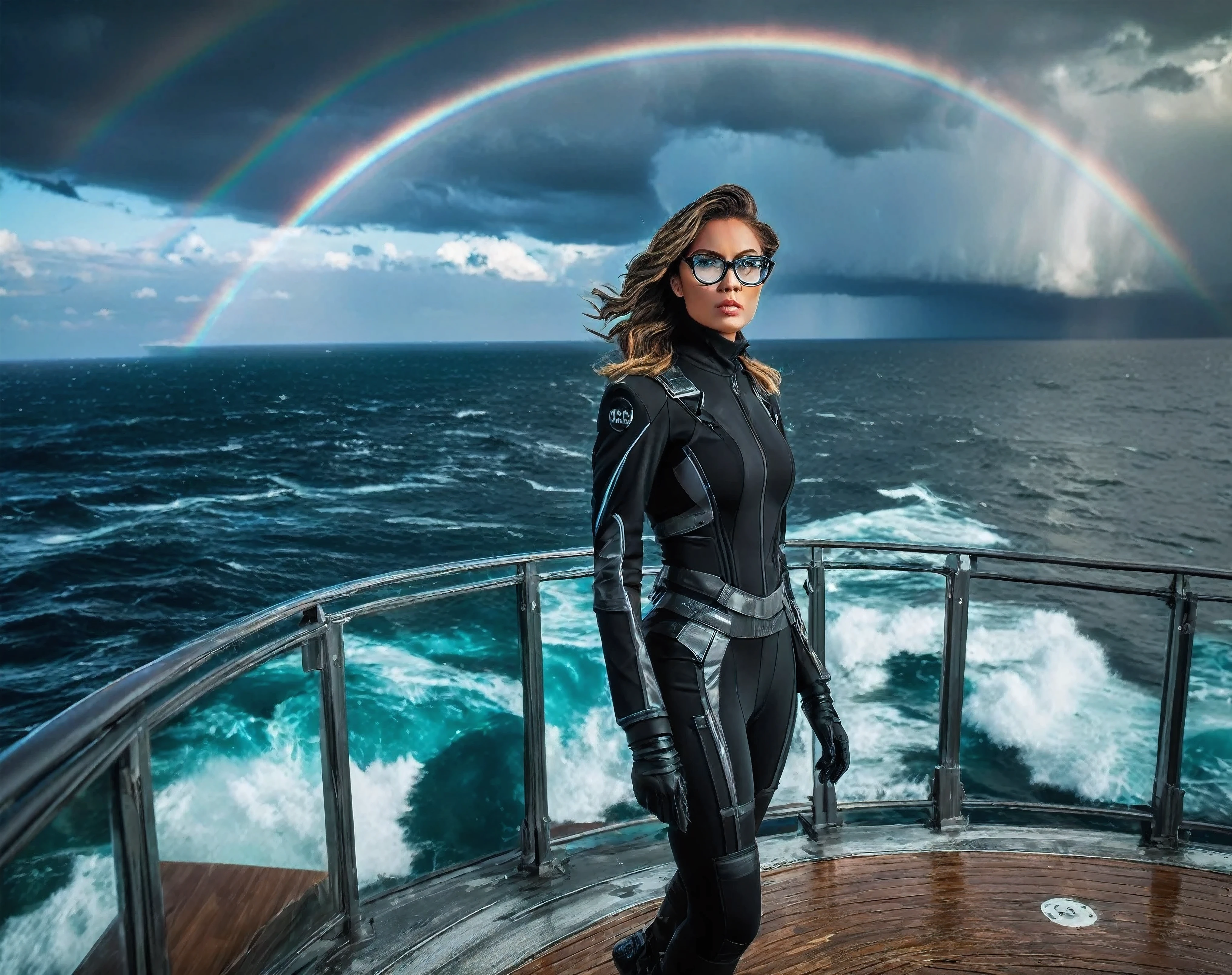 Scene description: A beautiful woman with refined and confident features, wearing modern glasses that highlight her determined expression. Her wavy hair falls elegantly over her shoulders. She is wearing a futuristic outfit, combining high-tech elements with contemporary elegance. Her posture is firm and self-confident, reflecting a mixture of sophistication and fearlessness. It is positioned at a central point on the ship launching platform, located on a large stretch of coastline. The platform's giant gates are open, revealing the vast ocean beyond. The sea stretches as far as the eye can see, creating a feeling of infinity and mystery. In the sky, dark and imposing clouds mix, creating a tense and exciting atmospheric environment. Between these clouds, streaks of light break through, adding a dramatic and magical touch to the scene. In the background, a rainbow appears, contrasting with the darkness of the clouds and adding an element of hope and beauty. Technical image capture details: To capture this extraordinary scene, it would be necessary to use the best camera available, equipped with high-resolution lenses and the ability to capture light in adverse conditions. A high-end digital medium format camera is recommended, such as the Phase One XF IQ4 150MP, capable of capturing incredible detail and vibrant colors even in low-light conditions. To compose the image, it would be ideal to use a wide-angle lens to capture the entire length of the launch platform and the sea in the background. The aperture of the diaphragm must be adjusted to allow enough light in while maintaining depth of field to ensure that both the woman and the scene are in focus. Additionally, the use of advanced post-processing techniques would be essential to enhance image details, adjust exposure, and balance colors to achieve maximum visual impact.