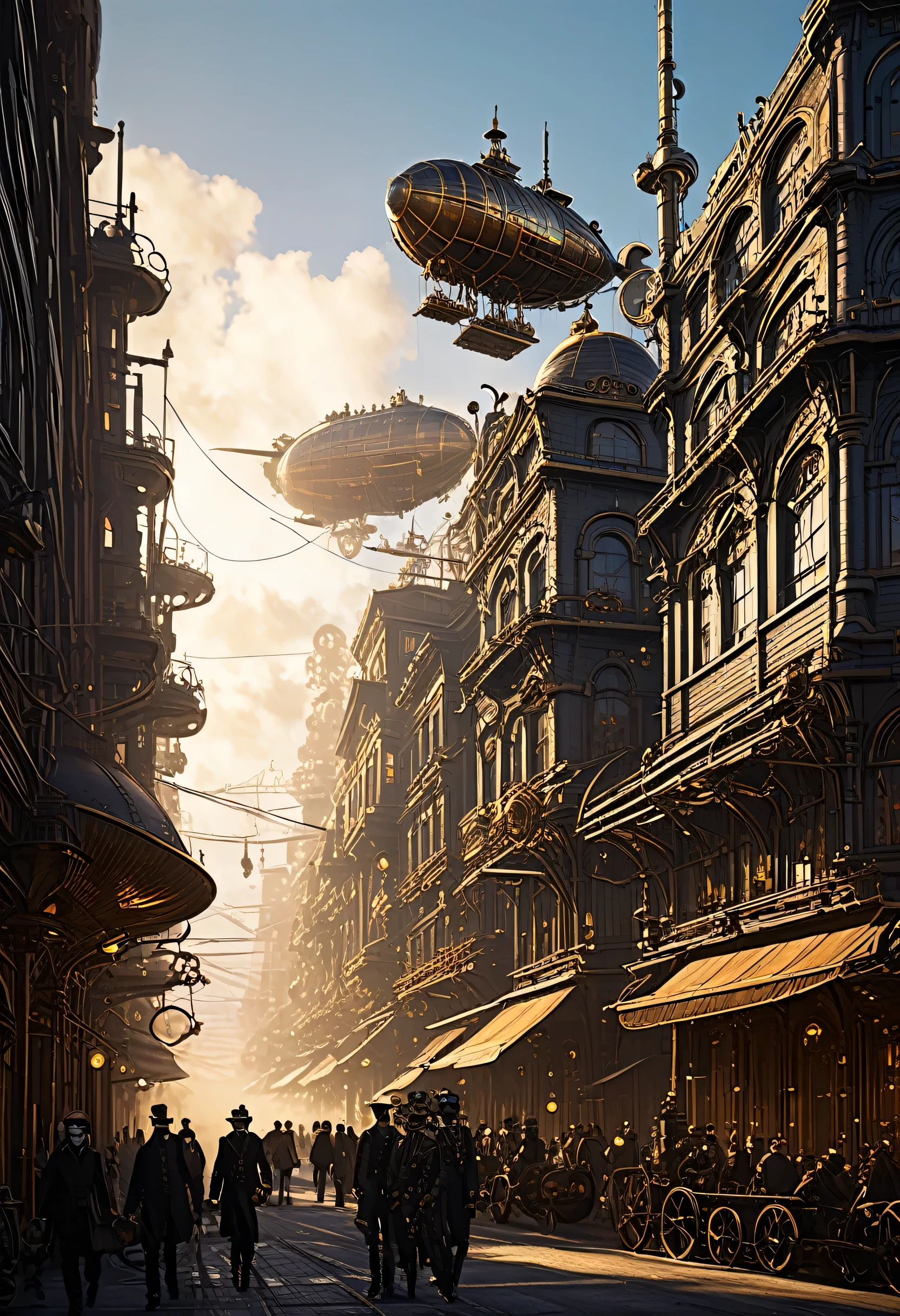 Detailed steampunk cityscape、Victorian and futuristic architecture、It features a complex mechanical device with intertwining gears and steam pipes.。In the sky, an airship is seen flying through the smog.、People wearing goggles or mechanical accessories々is walking down the street。The golden light of the setting sun casts shadows on the metal structures.、It highlights this steampunk universe that is both industrial and quirky.。