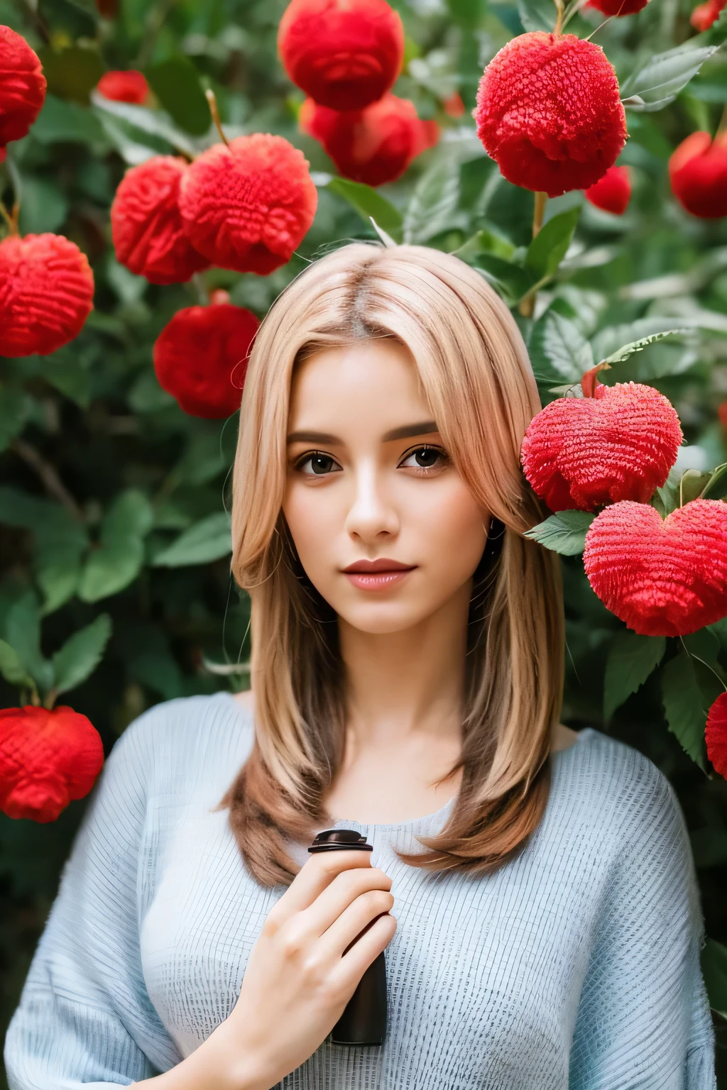 essa mulher esta com uma roupa vermelha com um capuz