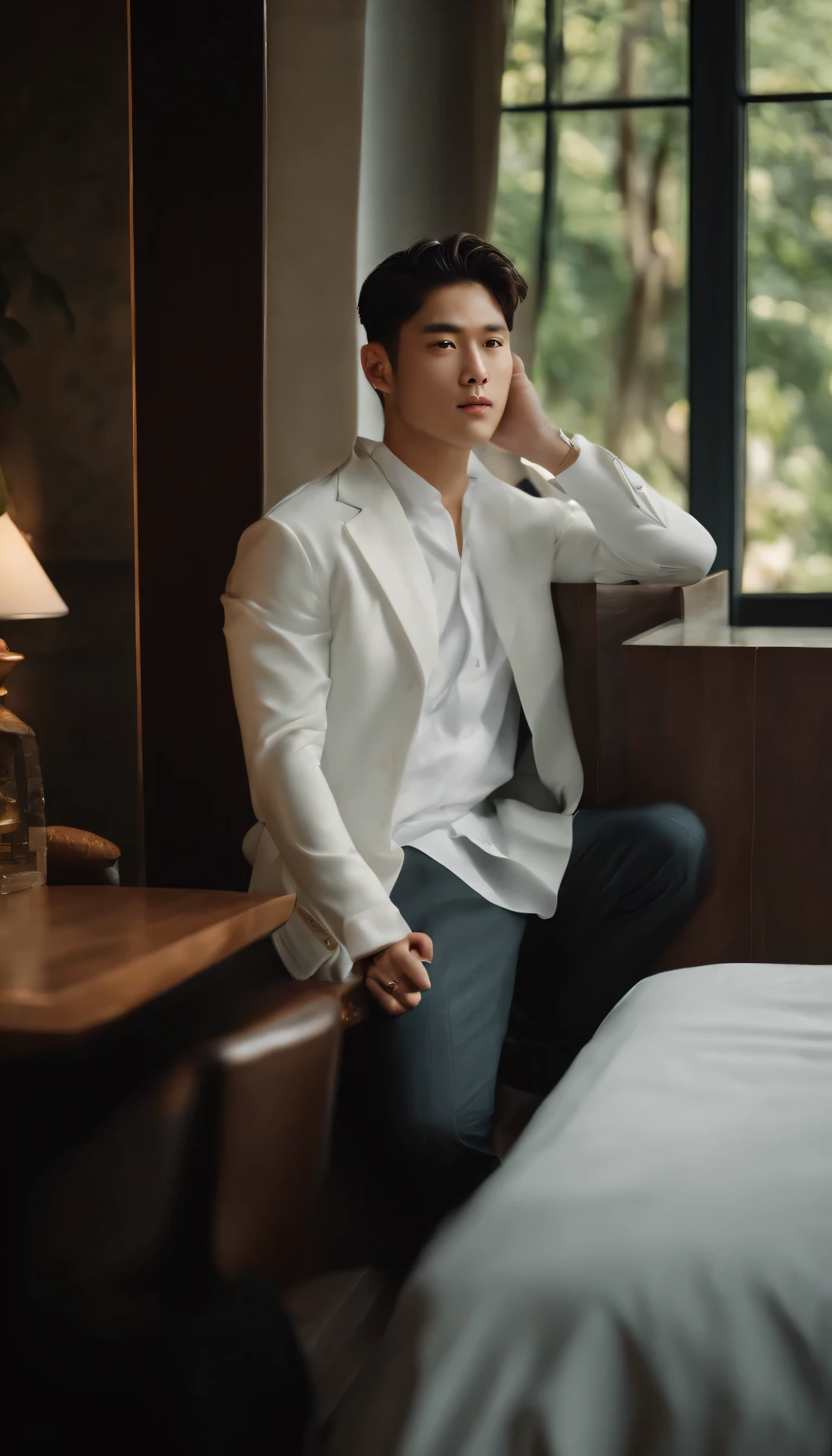 best quality, Masterpiece, Ultra high resolution, (Realism of the post: 1.4), original photo, Wallpaper, Headshot, skin, simple background, black eyes, details, automatic light, 1 man, 26 years old, Beautiful stool, The wind blows softly., sunlight, they want、hotel policy etc.)、Incredibly handsome man、Minon、central department、john、Looks like Ryo Yoshizawa 、fresh、The eyebrows are not too thick.、Orthodox Christianity、Cold face、muscle, K-pop , Korea, museum, hotel, race car , american