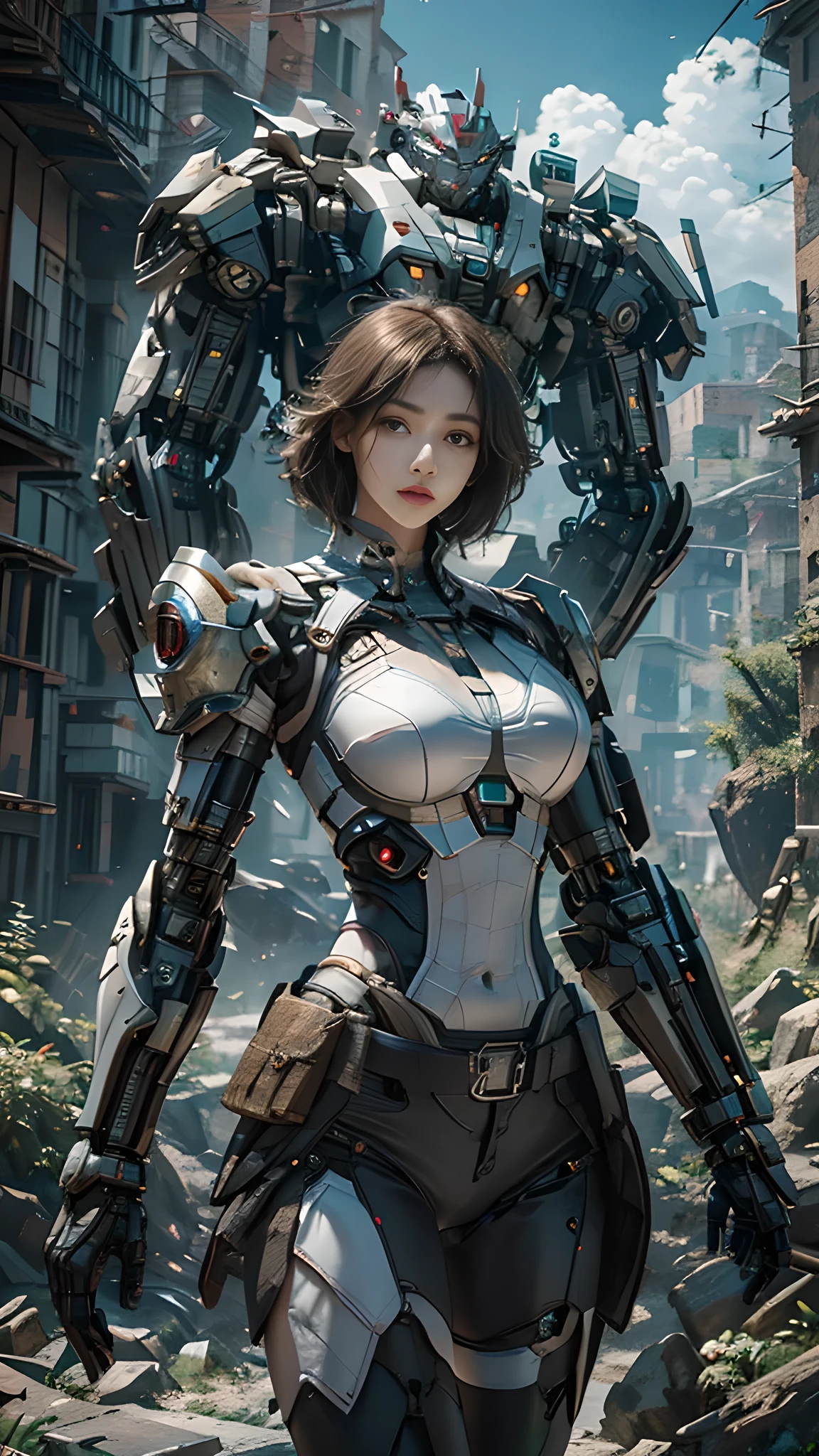 ((Mejor calidad)), ((tmasterpiece)), (El es muy detallado:1.3), ..3D, shitu-mecha, Hermosa mujer cyberpunk con su mech rosa en las ruinas de la ciudad de Forgotten War, The belly button and arms are exposed,Ancient Techniques, HDR(HighDynamicRange), Trazado de rayos, NVIDIA RTX, Hyper resolution, Irreal 5, Sub-Surface Scatterring, Textura PBR, Post-proceso, Anisotropic filtering, Profundidad de campos, Maximum clarity and sharpness, Texturas de muchas capas, Mapas de Albedo y Specular, Surface Coloring,Accurately simulate light-material interactions,proporciones perfectas,Renderizado por Octane,TwoToneLighting,ISO bajo,balance de blancos,trichotomy,Amplia apertura,8K RAW,High Efficiency Sub-Pixel,sub-pixel convolution,Luminous Particle,Light scattering,Efecto Tyndall(cuerpo completosbian), (Exquisite facial features), (s la cara perfecta), Angle Dynamic, White hair,bigtits