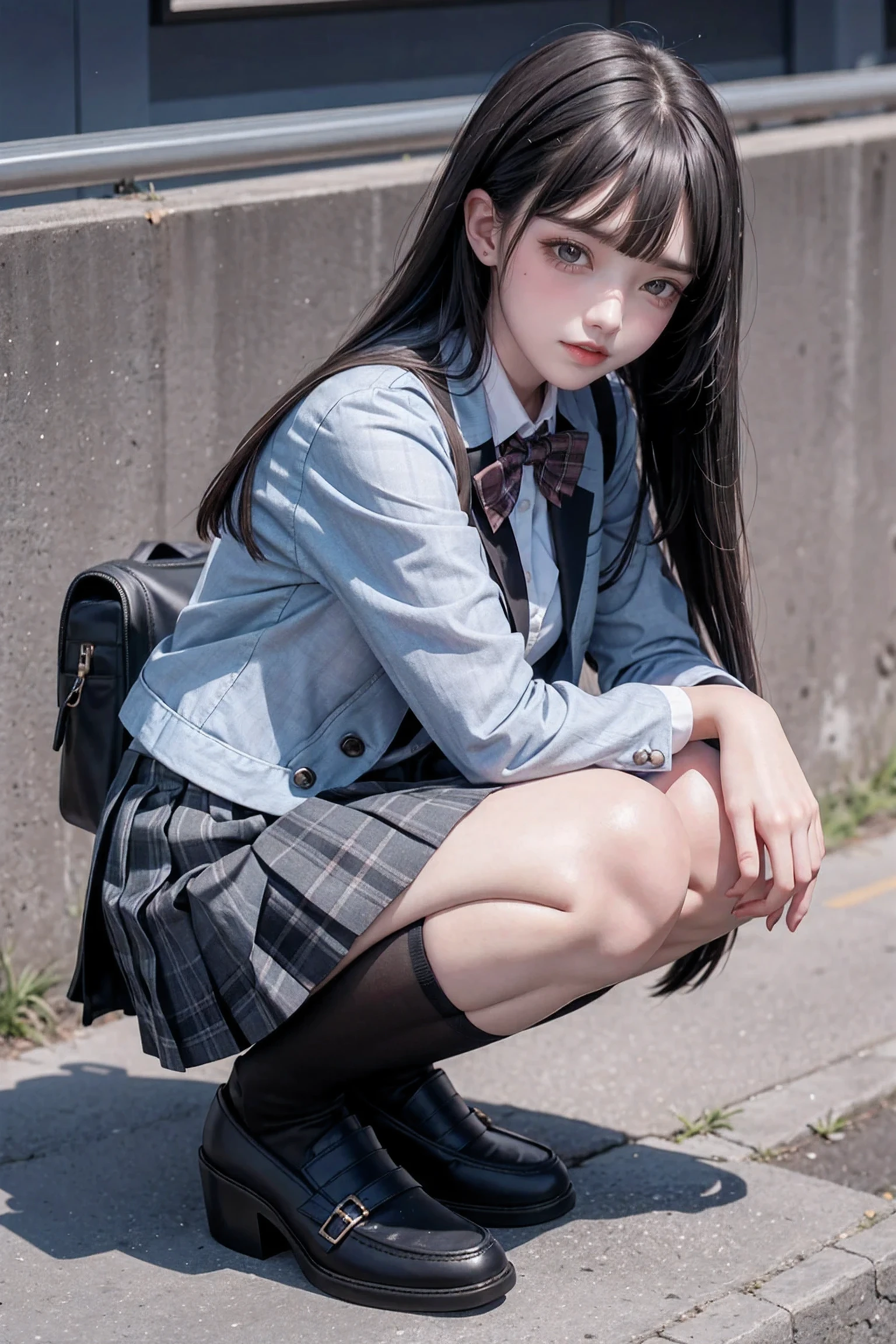 1girl,solo,black hair,skirt,squatting,shy blush,lipstick,wearing 50d black velvet pantyhose,pantyhose,bag,community roadside,shoes,grey skirt,loafers,looking at viewer,brown eyes,school uniform,backpack,jacket,bangs,long hair,plaid,full body,brown footwear,plaid skirt,long sleeves,pleated skirt,blazer,bowtie,closed mouth,miniskirt,