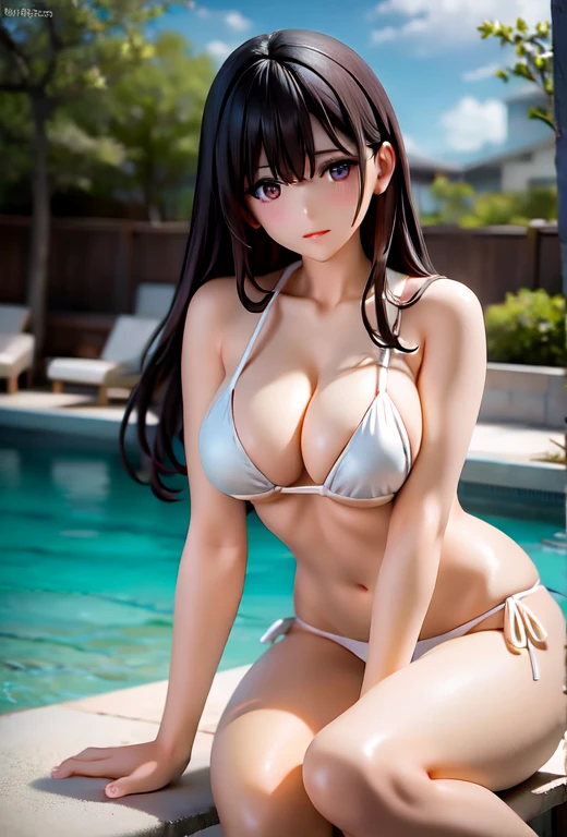 a woman in a white bikini sitting on a ledge, white bikini, in bikini, japanese model, swimsuit, wearing a white bikini, sexy girl, gorgeous bikini model, attractive body, sling bikini, beautiful asian girl, cute bikini, wet swimsuit, swimsuit model, white silver bikini, bikini model, is wearing a swimsuit, wearing two - piece swimsuit