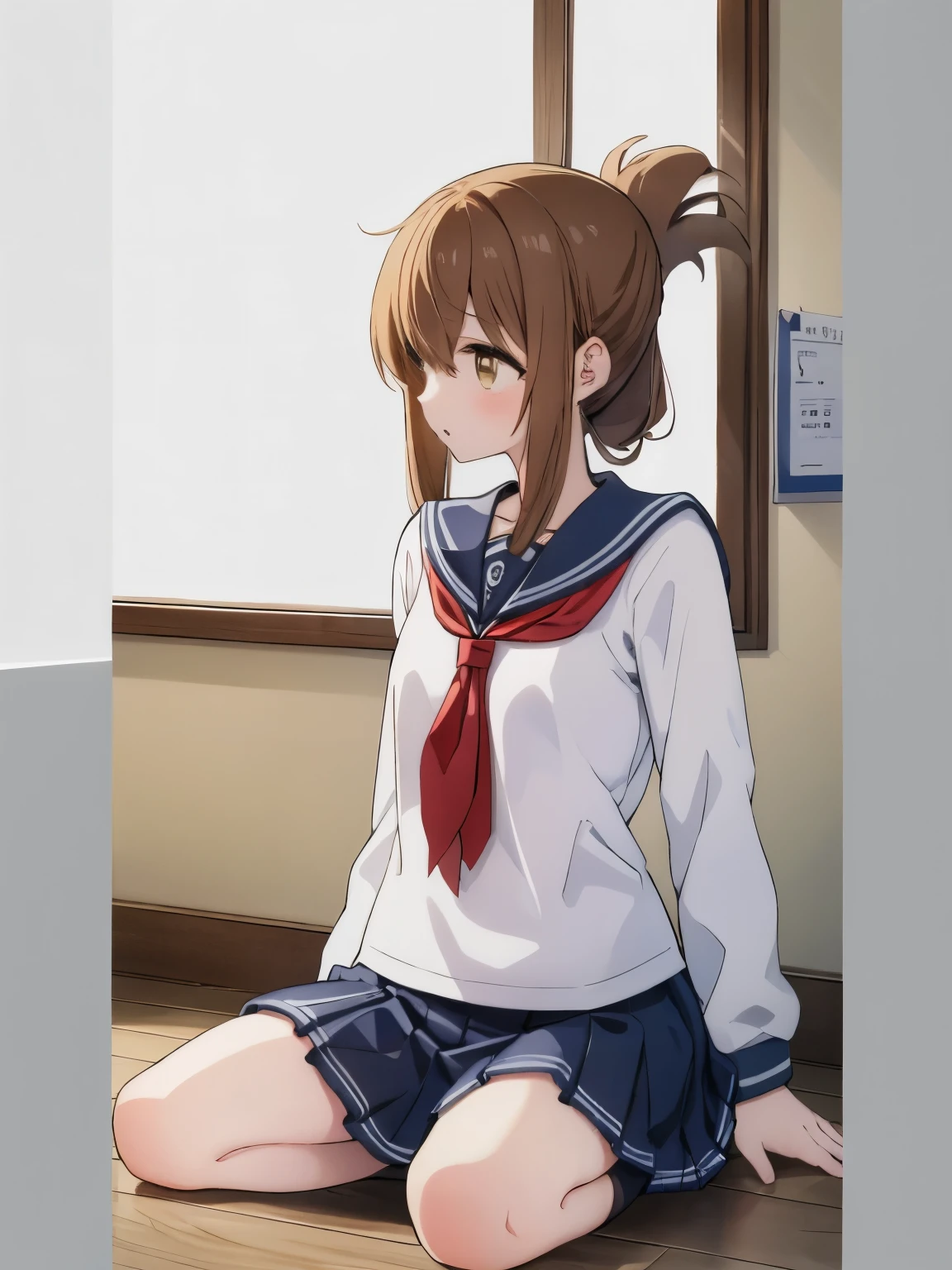 (masterpiece, highest quality:1.2),figure,8K,HD,1 Girl,alone,Brown_hair,Collapsed_ponytail,Brown_eye,serafuku,length_hair,School_uniform,skirt,Pleats_skirt,セーラー服を着た体調の悪い女子高生がSchoolの体育館の床に座り、Holding his knees