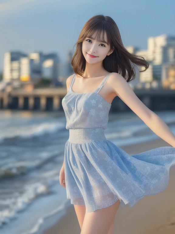 masterpiece、Photo-realistic quality、Woman standing on the beach near the sea, 20Bewitching woman of the year, Sheer light grey top、A miniskirt with a light blue fabric and small pink floral pattern、Sexy Japan Girl, Mature young woman, sexy and elegant pose,View the photographer、smile、 Japanese Model, Idol, Sexy and beautiful,Beautiful young woman, Beautiful young girl, Lovely lady, Very beautiful girl, Cute Core、(looking at the camera:2.0) 、Detailed and beautiful moist eyes、自然で柔らかいsmile