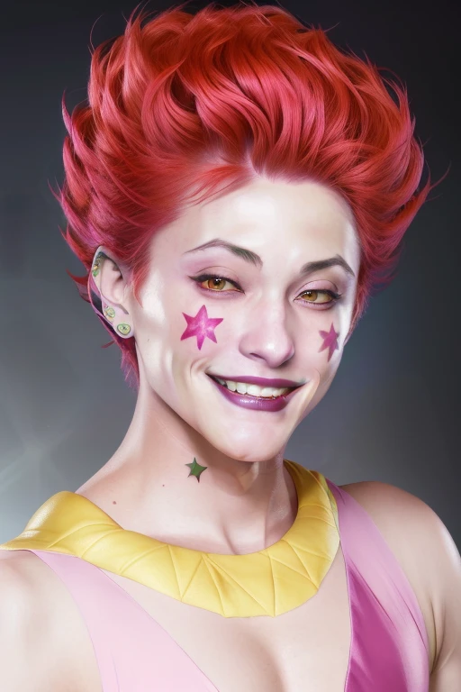 RAW Photos, ((((Extreme beauty portrait))), Hunter × Hunter Hisoka, Pink Hair, Yellow star tattoo on left cheek, Teardrop tattoo on right cheek, ((Wicked Smile:1.3))