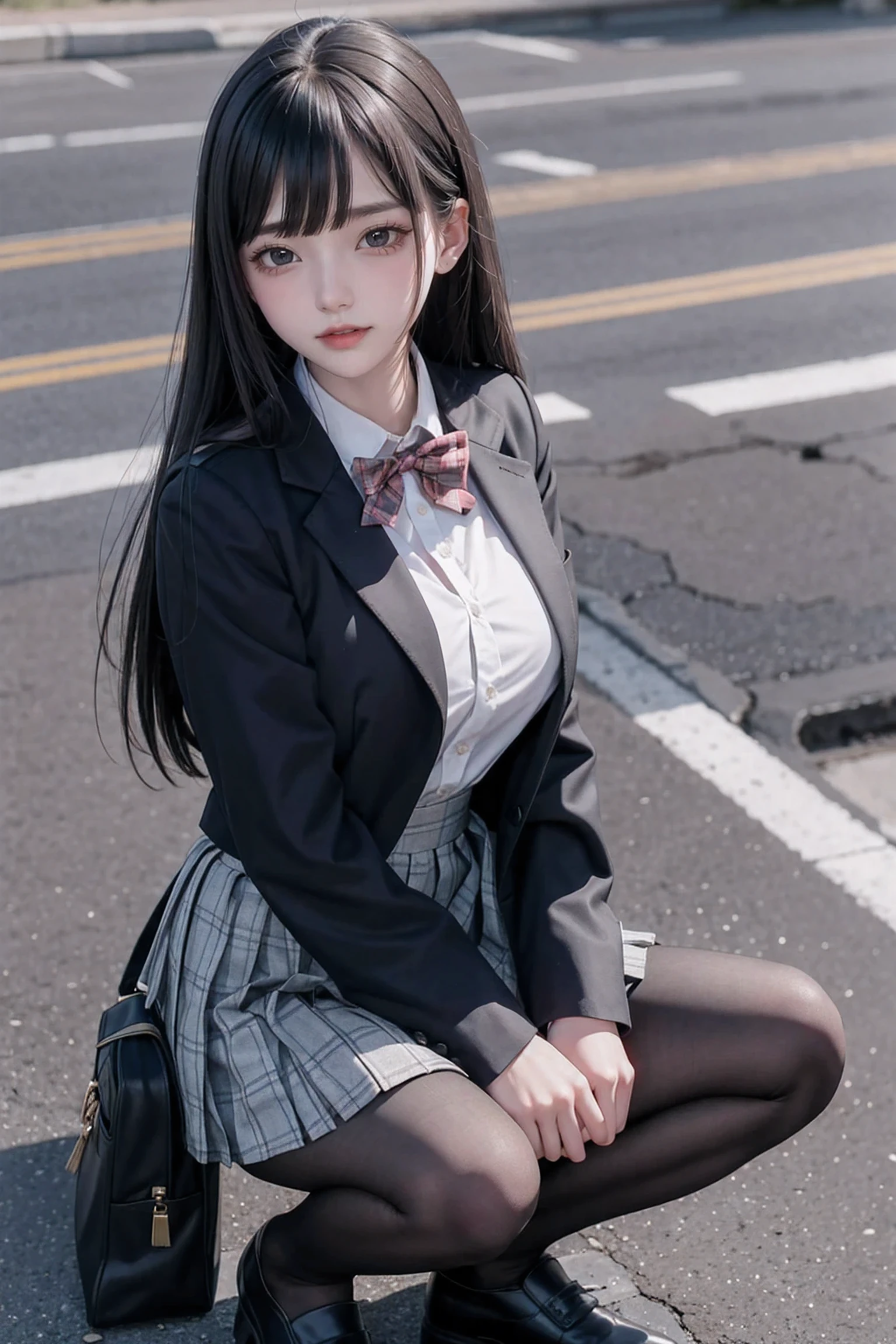 1girl,solo,black hair,skirt,squatting,shy blush,lipstick,wearing 50d black velvet pantyhose,pantyhose,bag,community roadside,shoes,grey skirt,loafers,looking at viewer,brown eyes,school uniform,backpack,jacket,bangs,long hair,plaid,full body,brown footwear,plaid skirt,long sleeves,pleated skirt,blazer,bowtie,closed mouth,miniskirt,