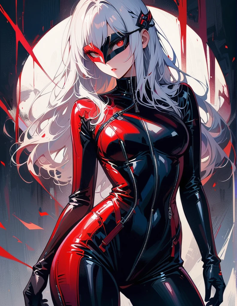 masterpiece, best quality, 8K, Digital painting, 1 girl, solo, stand up, youth, White hair, long white hair, hair accessories, red eyes, round pupils, Emotionless expression, Dark inside the background, Surreal, jumpsuit, blackened, Long black gloves, One-piece Pants, tight latex bodysuit, Highlight her graceful figure,wrap the whole body, ((Raised sexy)), jumpsuit, Long black gloves, One-piece Pants, Black latex clothing, Blood-red eyes, best quality, High resolution, Super detailed, Vivid textures, mask, tight latex bodysuit, Bangs,
