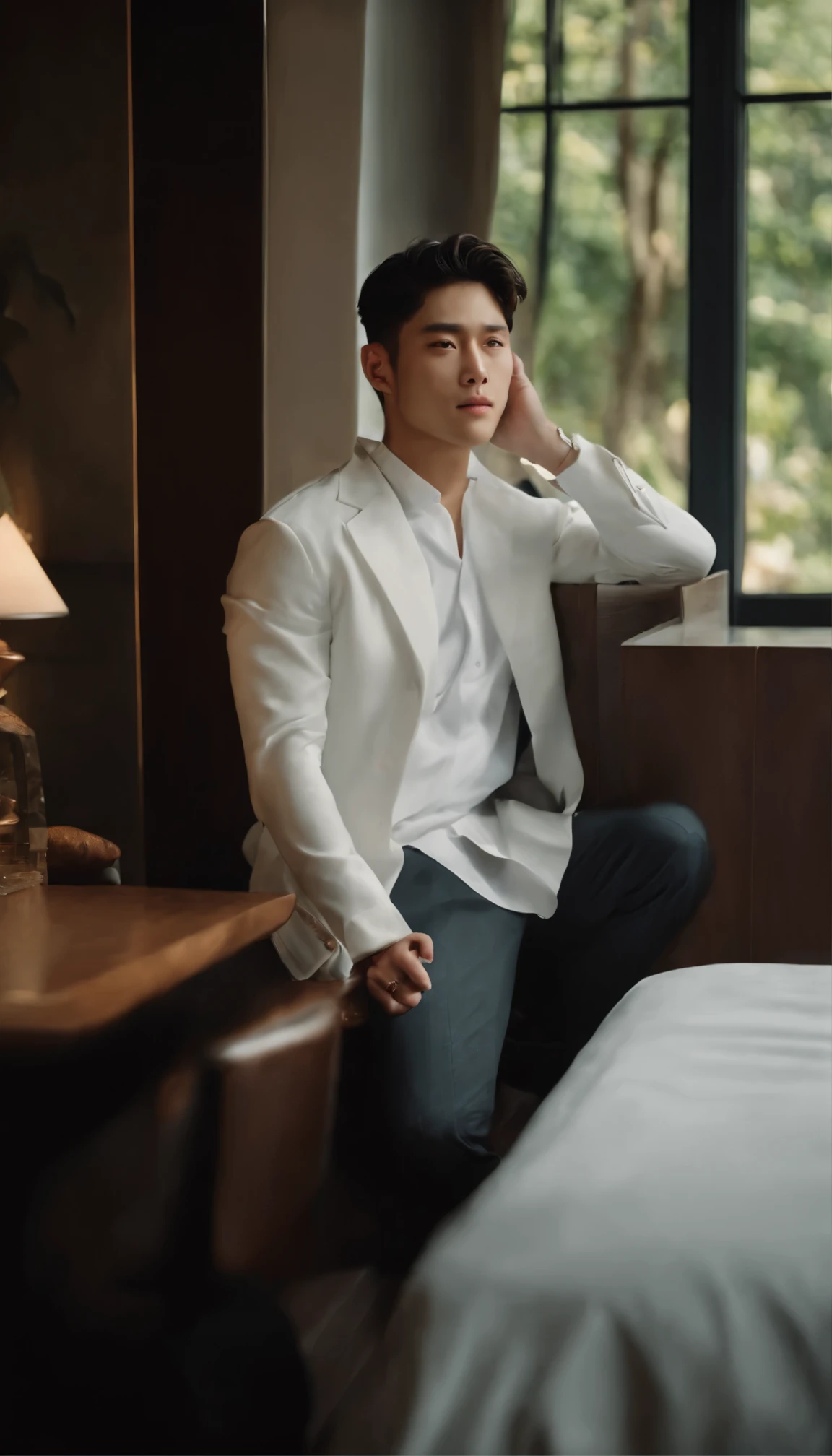 best quality, Masterpiece, Ultra high resolution, (Realism of the post: 1.4), original photo, Wallpaper, Headshot, skin, simple background, black eyes, details, automatic light, 1 man, 26 years old, Beautiful stool, The wind blows softly., sunlight, they want、นโยบายของhotel ฯลฯ)、Incredibly handsome man、Minon、central department、john、Looks like Ryo Yoshizawa 、fresh、The eyebrows are not too thick.、Orthodox Christianity、Cold face、muscle, K-pop , Korea, museum, hotel, race car , american