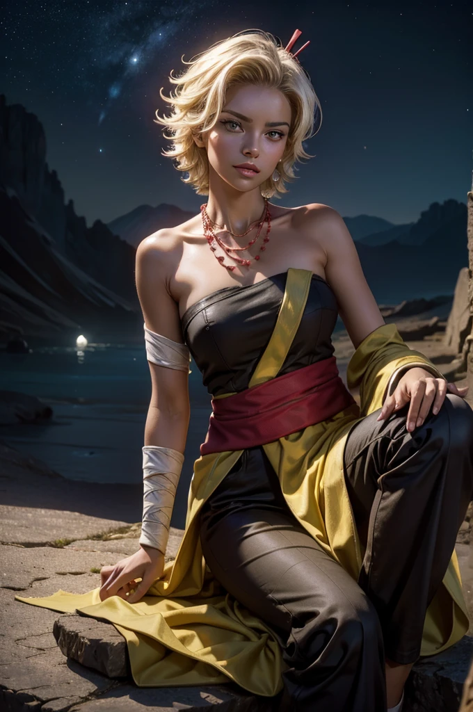 arslanaltan, stunning girlfriend, heart shaped face, elegant face, beautiful face, highly detailed face, highly detailed skin, skin pores, subsurface scattering, realistic pupils, full lips, detailed background, depth of field, atmospheric perspective, volumetric lighting, sharp focus, absurdres, realistic proportions, good anatomy, (realistic, hyperrealistic:1.4), 16k hdr,  1girl, blonde hair, short hair, green eyes, (dark skin, brown skin), hair ornament, sash, baggy pants, bandages, bare shoulders, necklace, (Masterpiece, Best Quality, Highres:1.2), Detailed, Intricate Details, 4K, solo, cowboy shot, high rating, sitting, cave entrance, underground pool, rocks, looking at viewer, night, stars, moon