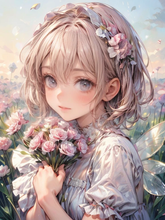 masterpiece:1.2,highest quality,16k,highres,ultra-realistic,photorealistic:1.37,beautiful detailed:1.2, carnation cute fairy girl,standing in a meadow full of carnations,holding a bouquet of carnations,meadow(colorful carnations,full of carnations,bluesky),beautiful delicate gorgeous dress with a carnation motif,Beautiful and elegant pose,gently smile,beautiful delicate(hair,face,long eyelash,eyes,pupils,lips,knee,dress),sparkling eyes,shining rosy lips,blushed cheek,through bangs,