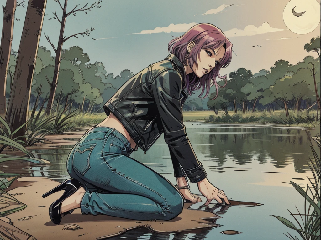 vector image, 2d cartoon,masterpiece, An anime woman,colored hair, fuck-me pose:1.4,blushed, tight jeans, heels, leather biker jacket:1.0, orgasm gloomy, touches herself,near swamp,heels, from side