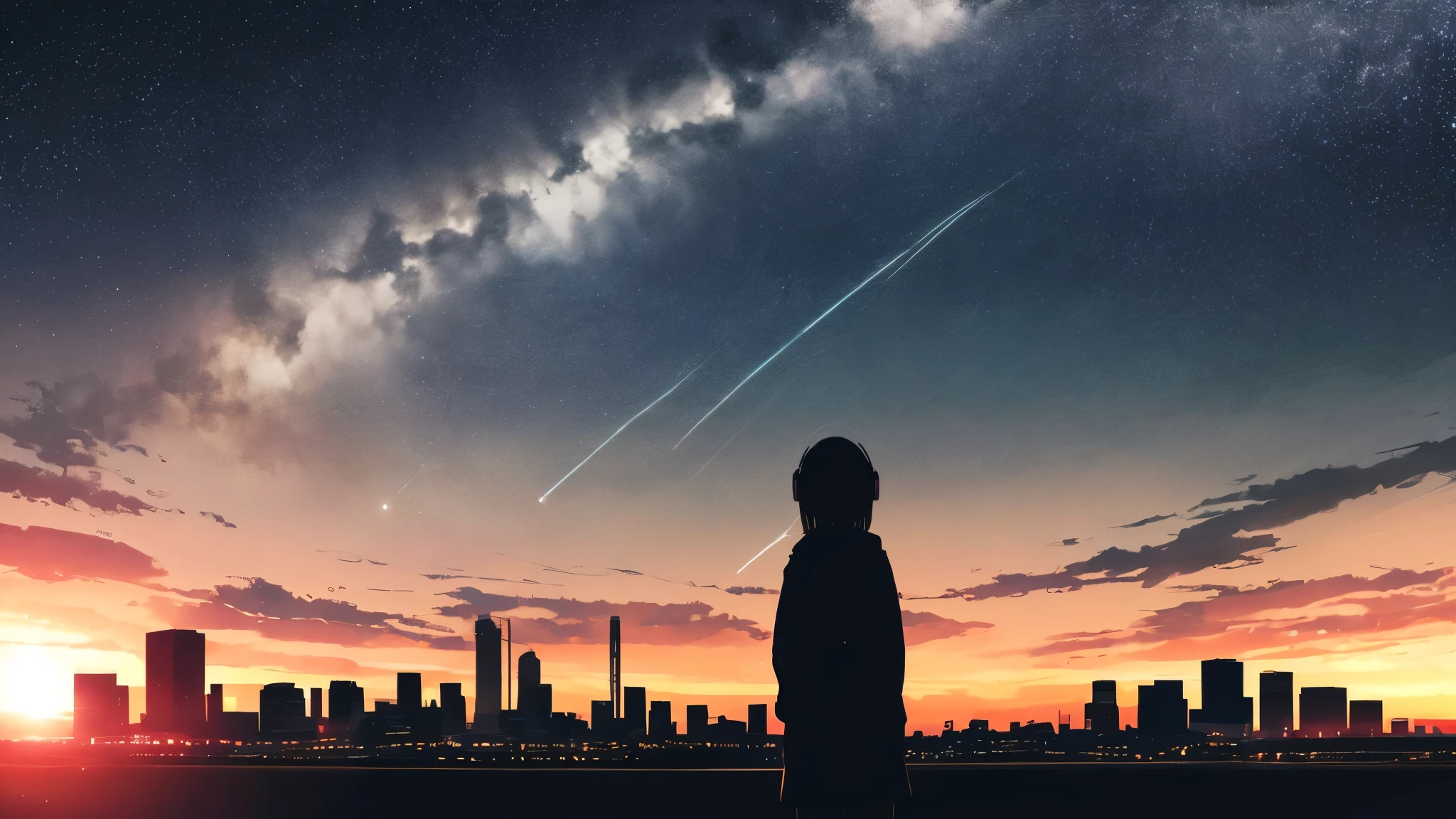 anime,silhouette,1girl, star (sky), cloud, headphone、 the train 、cityscape, building, city, outdoors, skyscraper, city lights, night, night sky, sunset, skyline
