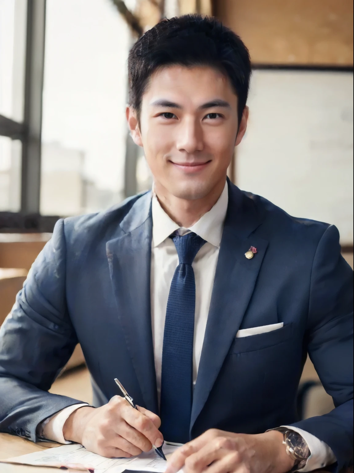 ((A 30-year-old brunette.Tall and handsome Japanese man like movie idol star.Smile, look into the camera, maintain eye contact))Drawing, A hyper-realistic, 8K, Extremely detailed, in the best quality, A Man,japanes , Unsupervised , in class room ,beautiful man , suits.