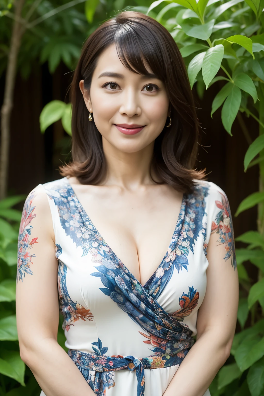 highest quality, masterpiece, High resolution, Photorealistic, RAW Photos, 8k wallpaper, perfection, ((One beautiful woman)), 40 years old, Sexy Woman, ((Gorgeous printed dress)), Cleavage, ((Looking at the camera)), Detailed face, Beautiful Eyes, ((Look forward)), (Stand upright), garden, (Beautiful thighs), High heels, bangs, Shapely breasts, Beautiful Hair, Plump and glossy lips,