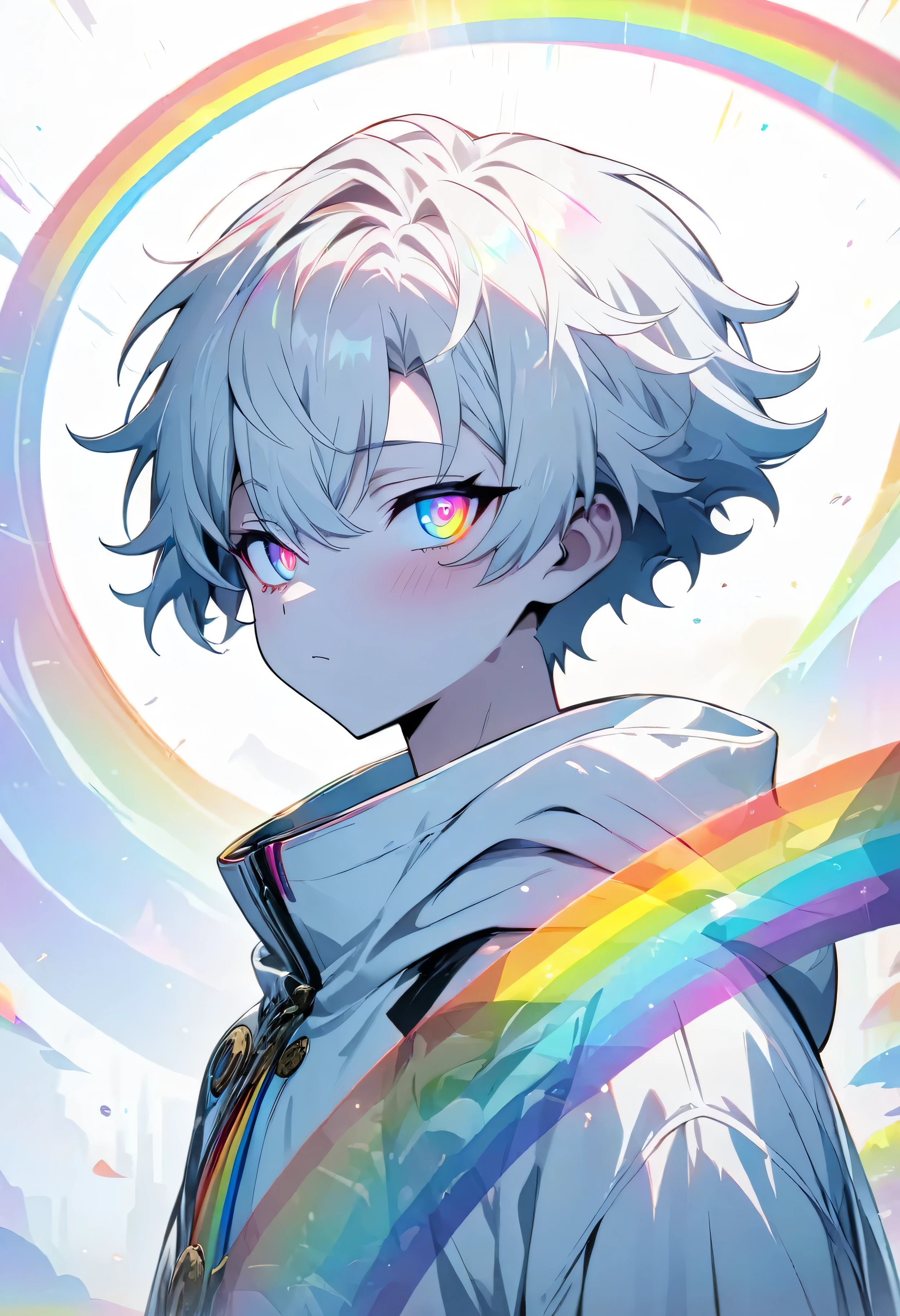 [(WHITE BACKGROUND:1.5)], ((masterpiece)), high quality, ((solo)), ((****unger boy)), (white color short hair), (rainbow color eye), bright skin, white parka, ((anime style)), (clock rainbow effect:1.3),