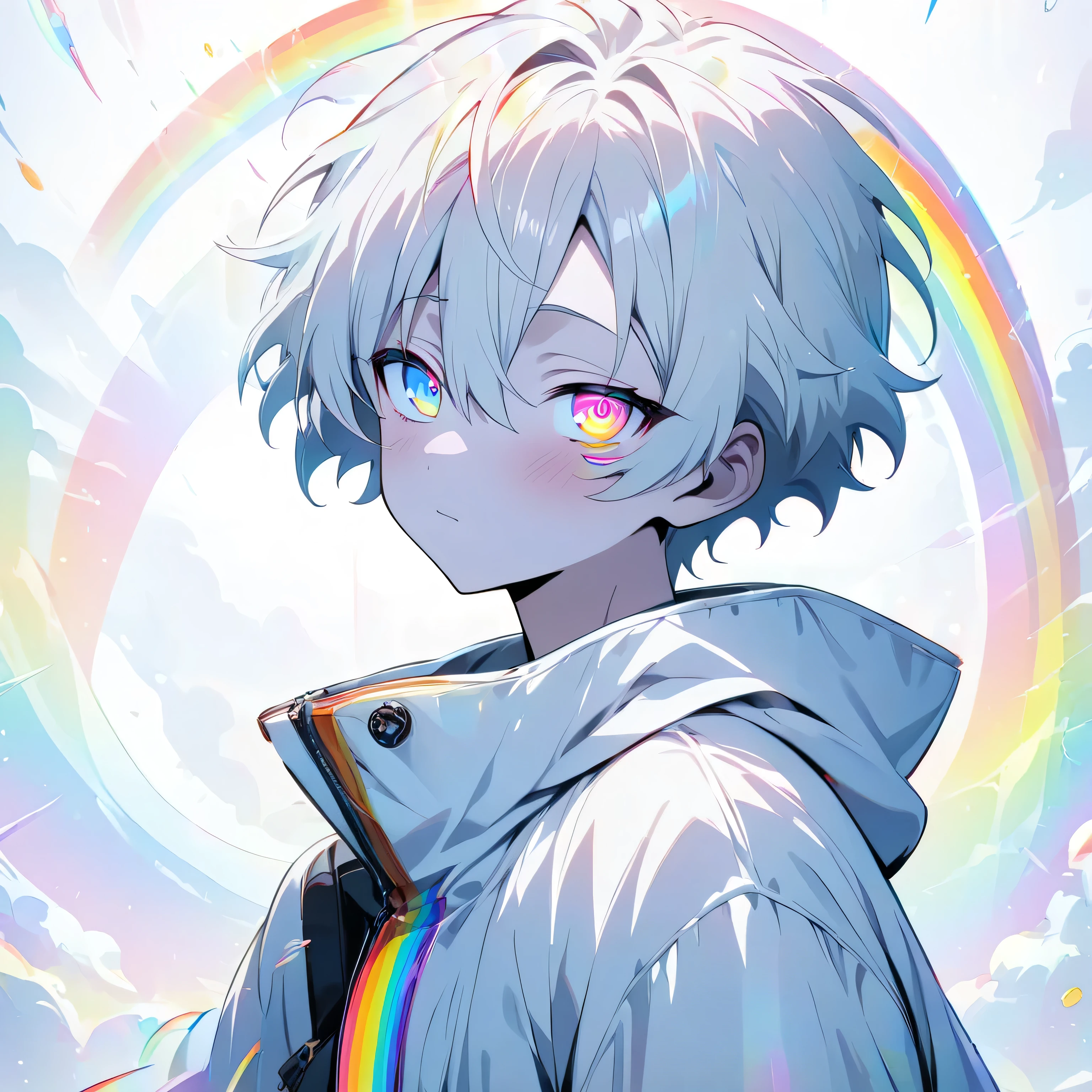 [(WHITE BACKGROUND:1.5)], ((masterpiece)), high quality, ((solo)), ((1 younger boy)), (white color short hair), (rainbow color eye), bright skin, white parka, ((anime style)), (clock rainbow effect:1.3),