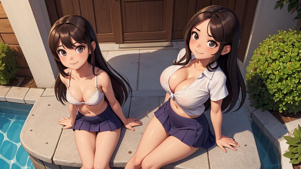 Ultra realistic , 2 girl, obra maestra, mejor calidad, alta calidad, defined, detailed, HD, (piel morena), ojos definidos, ojos cafes intensos, long eyelashes, small mouth, sonrisa, very long hair, pelo liso, pelo oscuro, cuerpo reducido, bosom barely contained, big breasts, sexy, posando foto, pose lasciva, sin sostenes, no bra, excitada, pezones erectos, nice view, full body, perfect body, perfect legs, perfect hands, perfect fingers, abierta, mojada, sudada, caliente, tight, sonrojada, no socks, peinada hacia atras, petites, ((no skirts)), ((lil sister)), hot big sister, barely covering, lean, unaware, heat, no panties, (sexiest underwear barely wearing), view from above, smartphone, talking, fountain, sitting, coffee