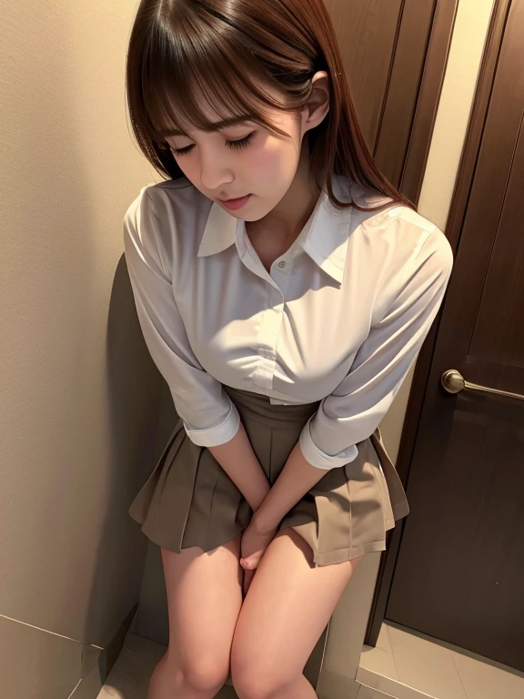 (Best Quality:1.2), Raw photo, High resolution, perfect detail, Professional Photography, Professional Lighting, Sharp Focus, Angelic Very beautiful cute girl, Japanese girl, 18 years old, Beautiful detailed face and eyes, Detailed double eyelids, droopping eyes, brown hair, with bangs, round face, (huge breast:1.2), (white shirt:1.2), rose pleated skirt, restroom, (have to pee:1.1), (urge to pee:1.3), (very desperate to pee:1.2), bladder full, (standing), (knees together and feet apart:1.3), (Rub each other's thighs:1.3), leaning forward, (hand in panties), (hand between legs), (holding the crotch:1.3), (nose blush:1.3), (embarrassment1.4), (impatience:1.6), (flustered:1.4), (fidgeting around:1.1), flowing sweat, (parted lips), (erotic body twist:1.4), (breathless:1.2), (closed eye:0.9), looking away, crisis, (from side:0.6), (from below:0.4), (full-body shot:1.2)