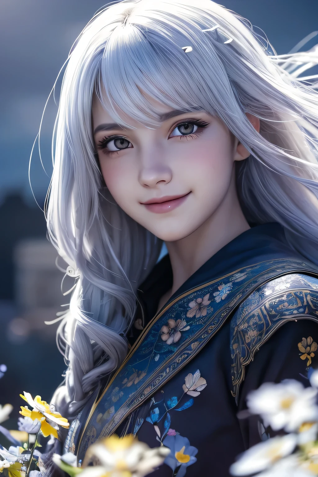 masterpiece, best quality,, 1girl, (colorful),(finely detailed beautiful eyes and detailed face),cinematic lighting,bust shot,extremely detailed CG unity 8k wallpaper,white hair,solo,smile,intricate skirt,((flying petal)),(Flowery meadow), sky, cloudy_sky, building, moonlight, moon, night, (dark theme:1.3), light, fantasy,