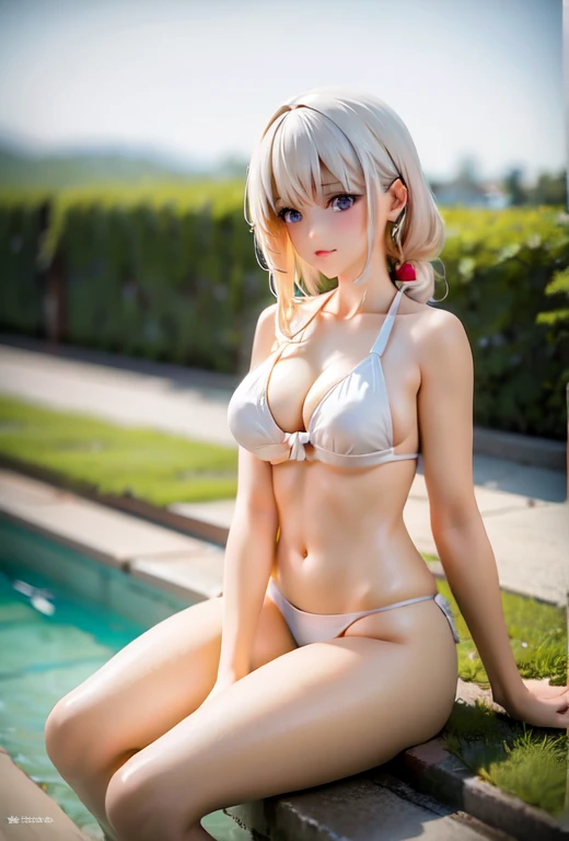 a woman in a white bikini sitting on a ledge, white bikini, in bikini, japanese model, swimsuit, wearing a white bikini, sexy girl, gorgeous bikini model, attractive body, sling bikini, beautiful asian girl, cute bikini, wet swimsuit, swimsuit model, white silver bikini, bikini model, is wearing a swimsuit, wearing two - piece swimsuit