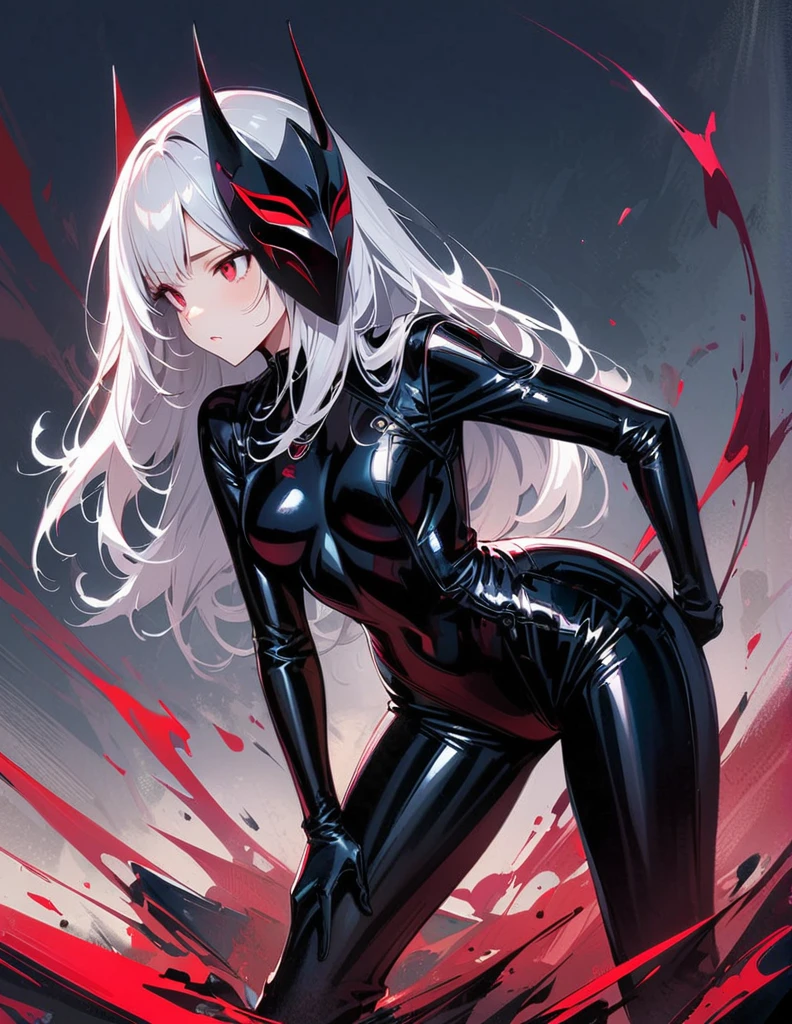 masterpiece, best quality, 8K, Digital painting, 1 girl, solo, stand up, youth, White hair, long white hair, red eyes, round pupils, Emotionless expression, dark sky background, Surreal, jumpsuit, Long black gloves, One-piece Pants, tight latex bodysuit, Highlight her graceful figure,wrap the whole body, ((Raised sexy)), jumpsuit, Long black gloves, One-piece Pants, Black latex clothing, Blood-red eyes, best quality, High resolution, Super detailed, Vivid textures, mask, tight latex bodysuit, Bangs,
