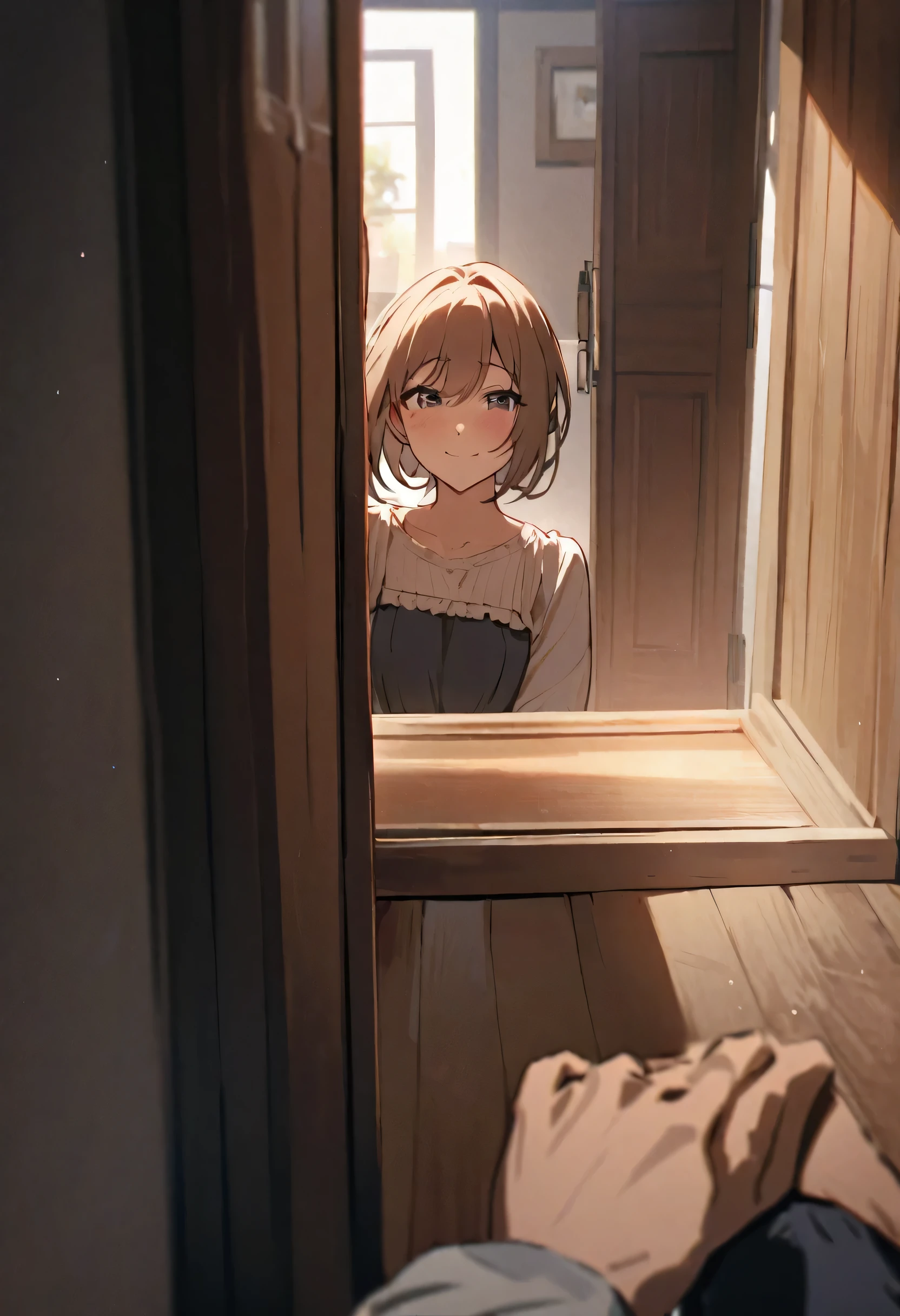 'Make yourself at home!' said the girl. invites a guy to his house. holds his hand. pov guy. the view from the guy's face. in the frame, the girl is half-turned in the doorway of her house. Girl is semi smile. Hight quality