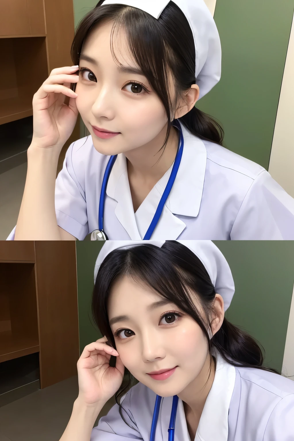 (1 woman)、(Beautiful Japanese、38years old,round face、Refreshing、clear、seems kind、stylish、Pitiful、cute like an angel、cute、black eyes、,actress,Narrow eyes,Adult atmosphere、Slit eyes), Good style , (Beautiful big breasts:1.2),(soft breasts),(very cute),(Black hair),(updo),(enchanting eyes),(highlight on eyes:1.2)、(8K、Live shooting、highest quality、masterpiece:1.2、optimal lighting)、((masterpiece)),(Photo taken by a professional photographer),(real、photo real:1.4),break,{ (White nurse costume),(((taraditional nurse uniform))),{(White nurse tight pants)},(cleavage:1.0)},(cheeks are red:1.2), break, break,Hospital,Face shot:1.3、Hospital waiting room、Looking at viewer:1.0,Happy face、 view,Big Ass,dynamic angle,Face close-up