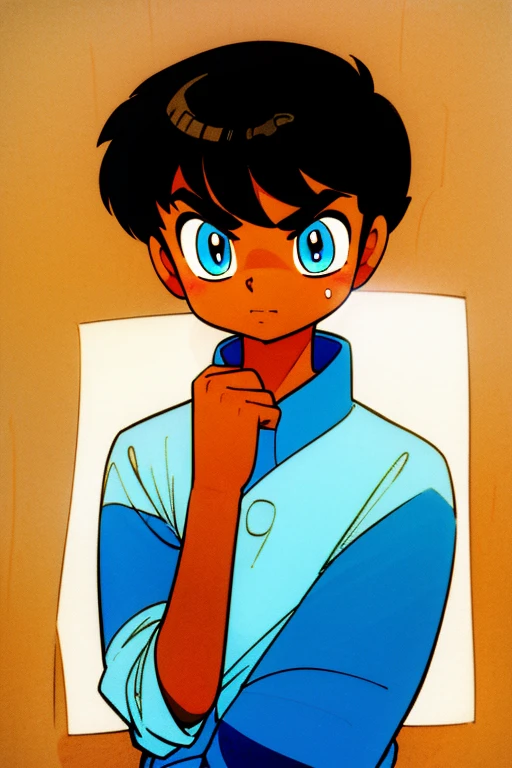 cute 12-years-old indian ??? boy, dark brown skin, (((blue eyes))), white social shirt