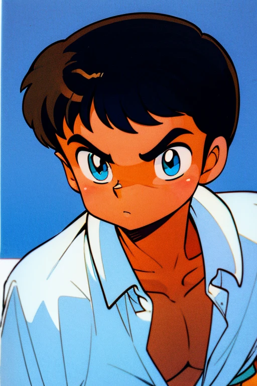 cute 12-years-old indian ??? boy, dark brown skin, (((blue eyes))), white social shirt