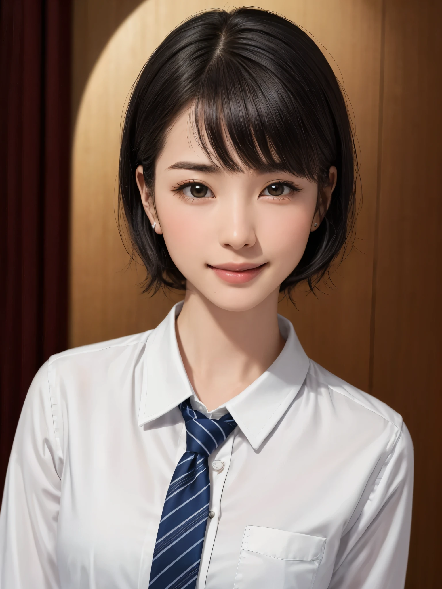 (masterpiece:1.3), (Realistic, RAW Photos, highest quality: 1.4), (One Girl), Beautiful Face, (超Realistic Face、シンメトリーのBeautiful Face), (Short black hair, short hair:1.6、bangs:1.3、Show off your beautiful ears), Beautiful hairstyle, (Realistic eyes), Beautiful details, Long eyelashes, (Realistic Skin), Beautiful Skin, {huge|big|hugeな|Mega} chest, chestの谷間, (Perfect body:1.3), (Detailed body:1.2), (tie), (Collared shirt, Pleated skirt:1.3), Absurd, charm, Ultra-high resolution, Ultra-realistic, Very detailed, Golden Ratio,Very cute beautiful woman:1.6、28 years old、Happy smiling face with closed mouth、lips