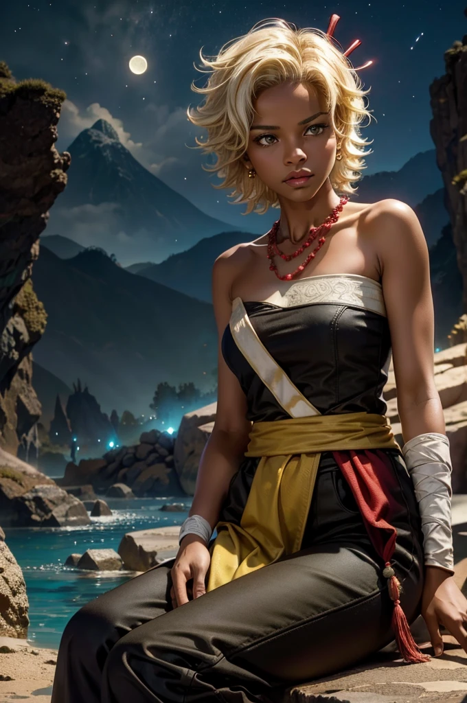 arslanaltan, 1girl, blonde hair, short hair, green eyes, dark skin, brown skin, hair ornament, sash, baggy pants, bandages, bare shoulders, necklace, (Masterpiece, Best Quality, Highres:1.2), Detailed, Intricate Details, 4K, solo, cowboy shot, high rating, sitting, cave entrance, underground pool, rocks, looking at viewer, night, stars, moon