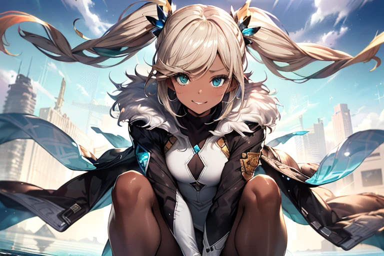 Iooiklas,Platinum Blonde Hair,Twin tails, hair ornaments, White Dress, Black knee socks, 
Removable sleeves,Complex eyes,Beautiful fine details,Symmetrical eyes,Big eyes:1.5,Seductive eyes, 
(((dark skin,dark_skin,lustrous skin:1.5,bright skin: 1.5,
skin tanned,shiny skin,very shiny skin,Shiny body,plastic glitter 
skin,exaggerated shiny skin,illuminated skin))),
(,Detailed body,(Detailed face)), cute,Lewd,erotic,Bold,Camel toe revealing outfit,show skin,(((Sexy aqua fur coat, Aqua fur coat outfit,
 wearing a Ice Dress:1.3,aqua 冬 coat))), ((Ice Dress,elegant Ice Dress)),
(White gloves,White clothes,(((Complex outfit,Complicated clothes,Embroidered costume,Glamorous costumes,Embroidered clothes,Open your mouth,Embarrassed smile,汗をかいたskin,
Glamorous clothing))),skinsuit, Bodysuits, pantyhose,
High resolution,Sharp focus,(Super detailed,Very detailed),(Very detailed CG unity 8k wallpaper),
(((Vibrant colors))),dynamic pose,whole body,Spread your legs a little,(Anatomically correct),Beyond the Clouds, Surrounded by water, reflection,Breathtakingly beautiful clouds,Floating Island,squat,