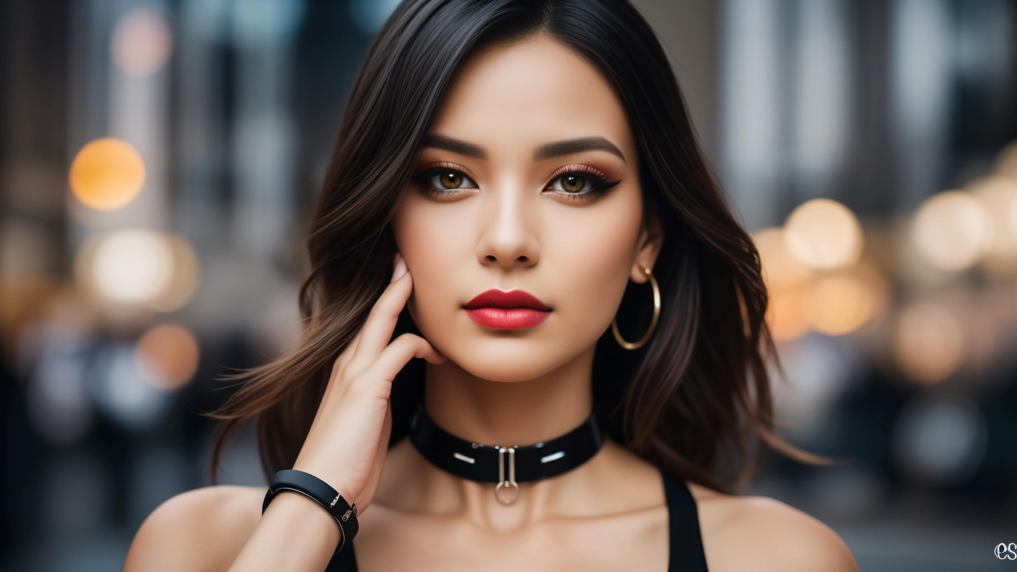 tmasterpiece,best qualtiy,hdr, hyper HD, 8K,Bokeh,Ultra-fine painting,Sharp focus,Physically-based rendering,Extreme detail description,portraitures,half-body photo, choker, (dark eyeshadow:1.1), (red lips:0.95), looking at viewer, (EOS R8, 50 millimeters, F1.2, 8K, RAW photo:1.2)