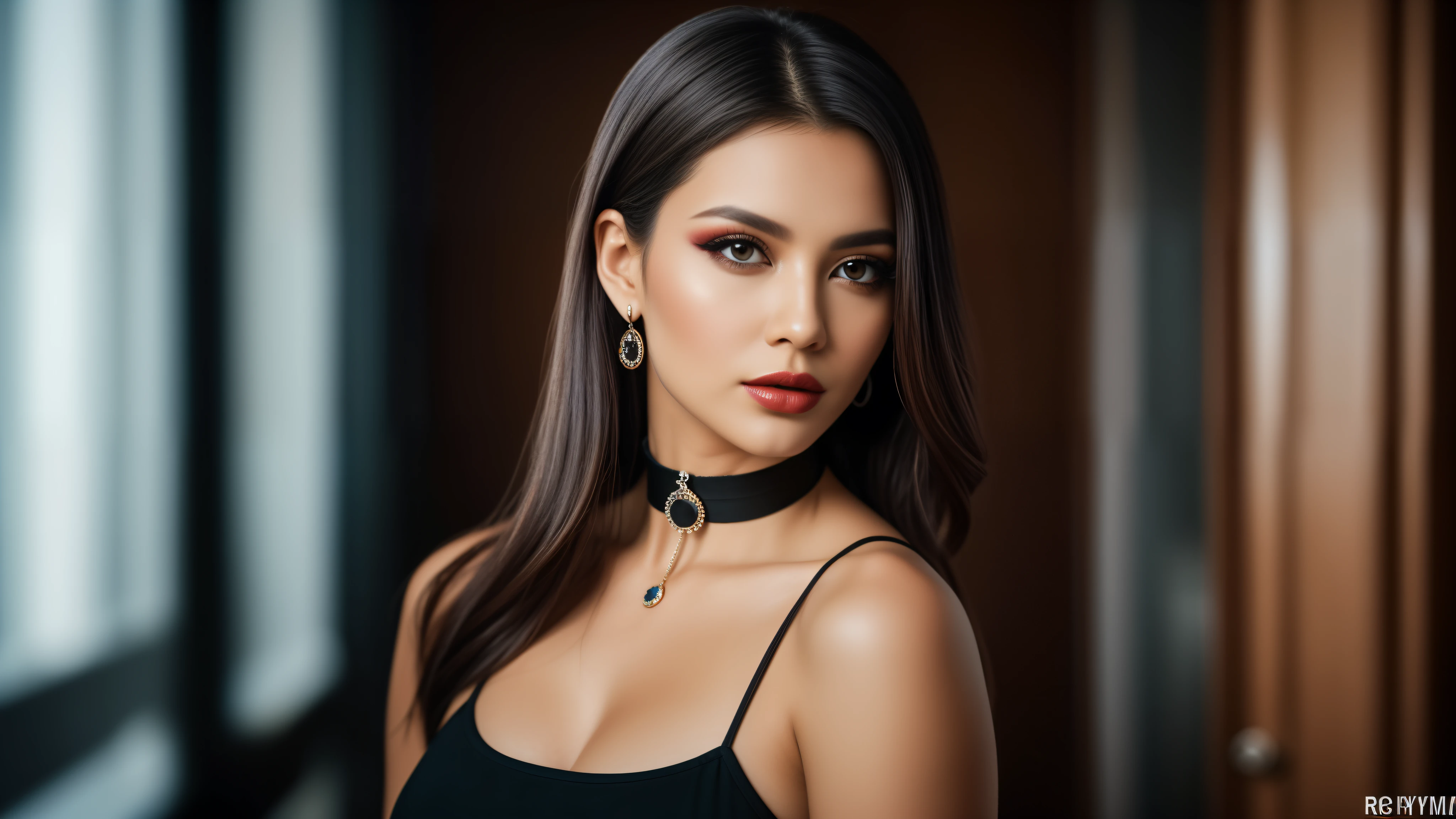 tmasterpiece,best qualtiy,hdr, hyper HD, 8K,Bokeh,Ultra-fine painting,Sharp focus,Physically-based rendering,Extreme detail description,portraitures,half-body photo, choker, (dark eyeshadow:1.1), (red lips:0.95), looking at viewer, (EOS R8, 50 millimeters, F1.2, 8K, RAW photo:1.2)