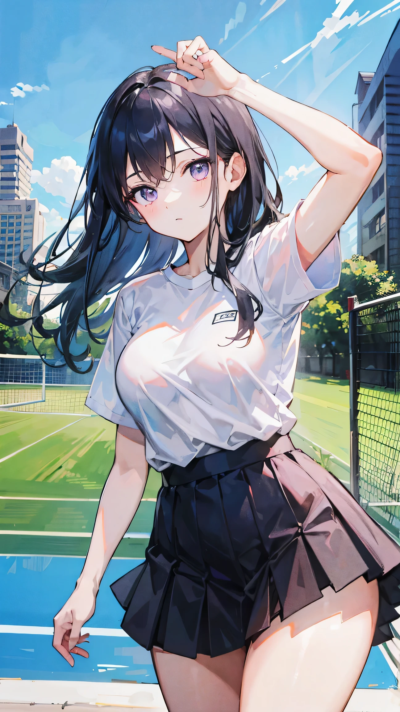 absurdres, high res, ultrasharp, 8K, masterpiece, looking at viewer, 1girl, curvy body, long black hair, purple eyes, wearing plain white shirt, short tennis pleated skirt, city