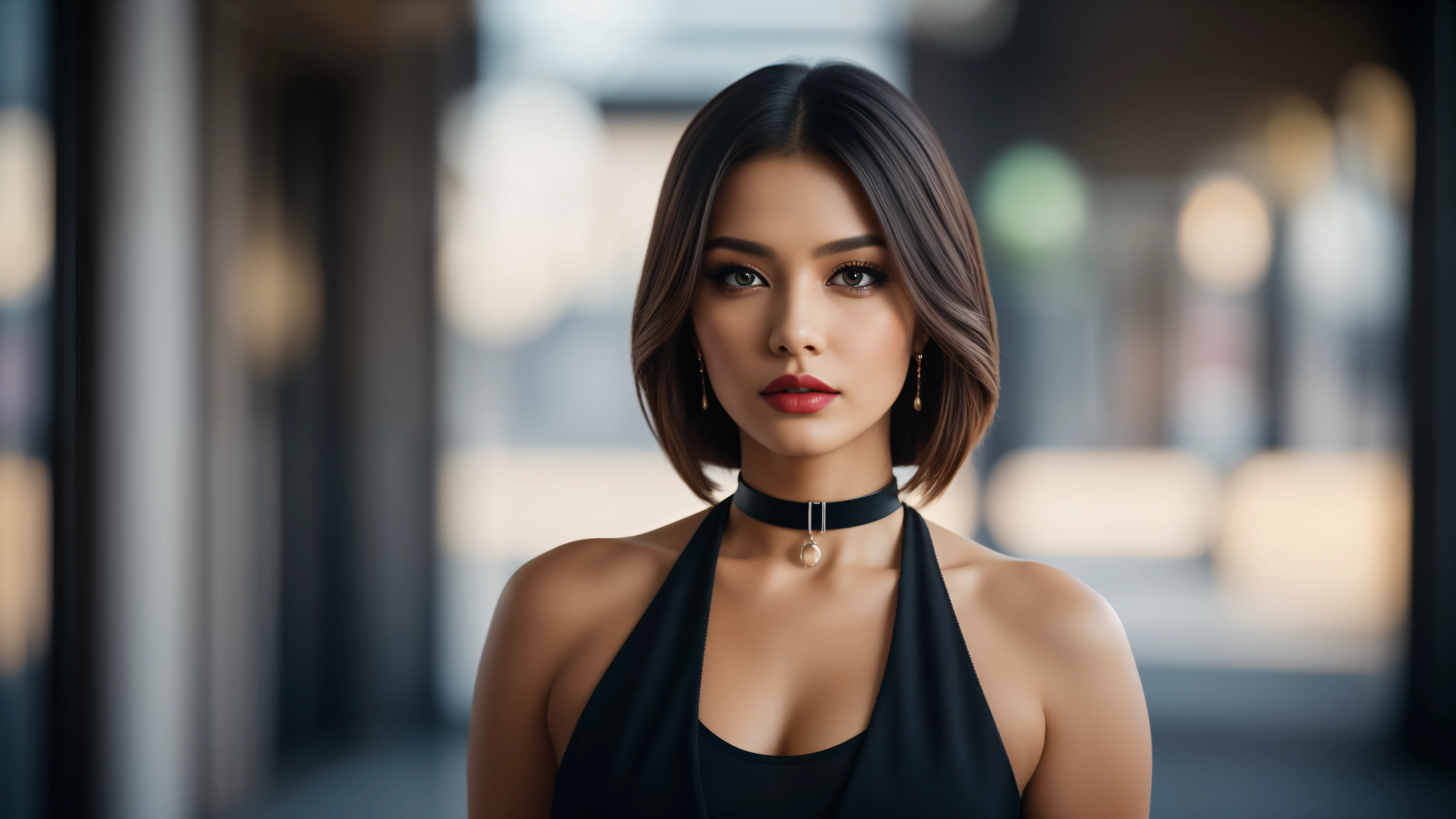 tmasterpiece,best qualtiy,hdr, hyper HD, 8K,Bokeh,Ultra-fine painting,Sharp focus,Physically-based rendering,Extreme detail description,portraitures,half-body photo, choker, (dark eyeshadow:1.1), (red lips:0.95), looking at viewer, (EOS R8, 50 millimeters, F1.2, 8K, RAW photo:1.2)