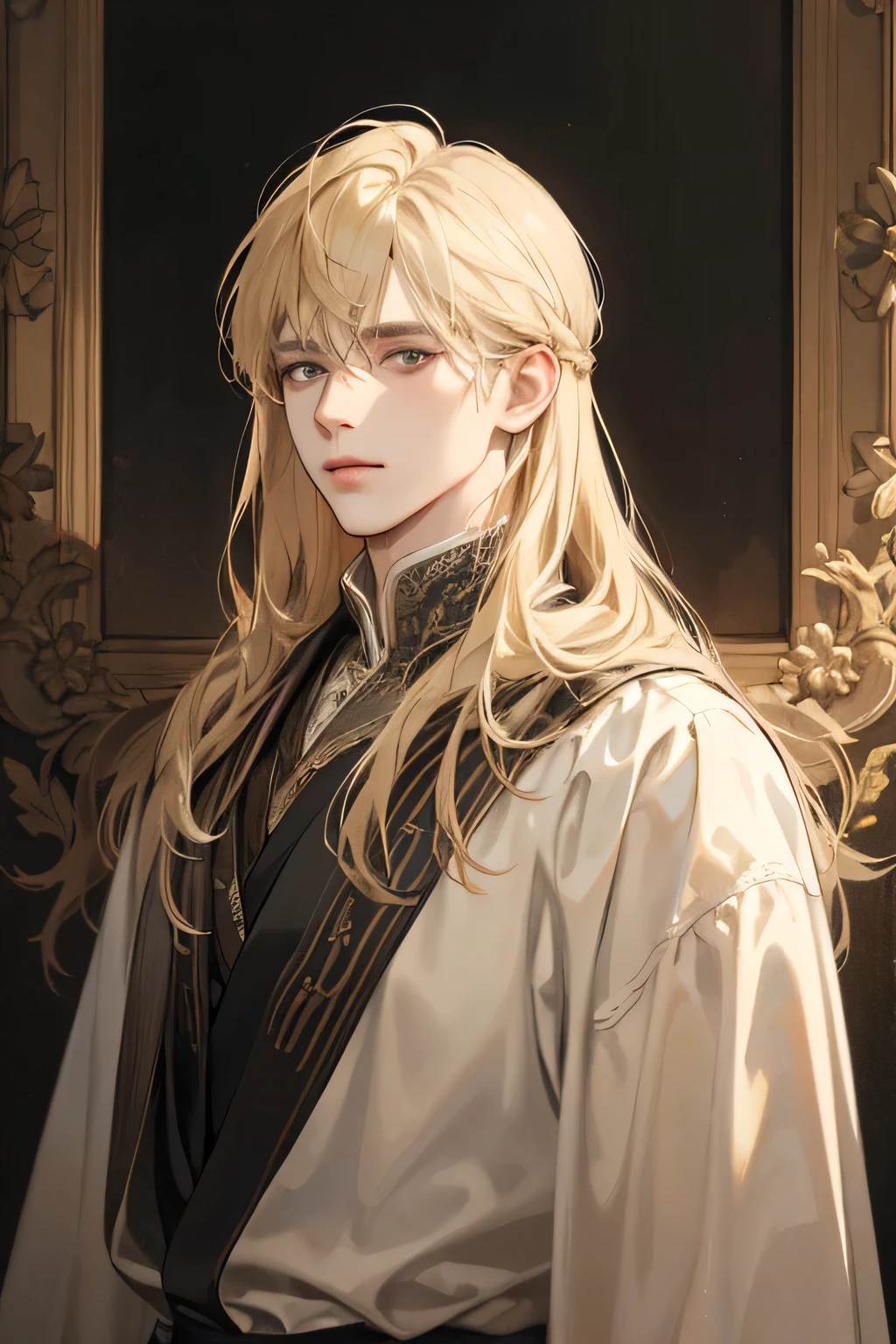(Best quality),adult,1 man, male, mature, very tall, elegant and strong, long hair blonde, grey eyes, long hair blonde, medieval bohemian style clothing, richly textured background, soft lighting, portrait style, painting style, deep colors, royal clothes