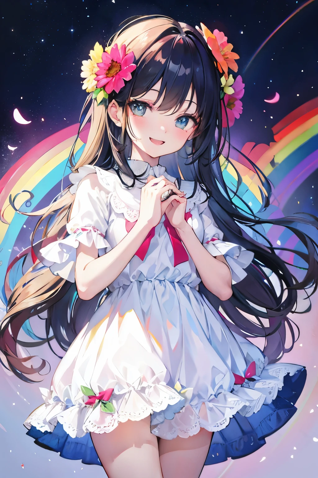 flower in hands,;D, rainbow backgraund