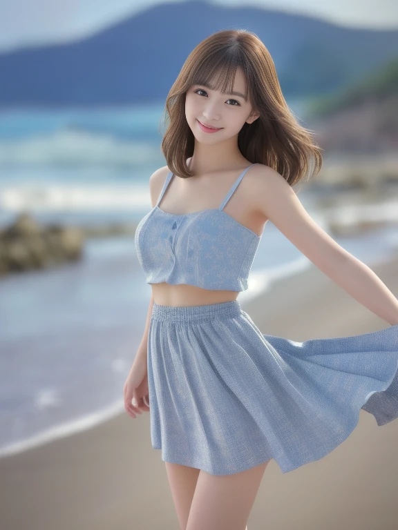 masterpiece、Photo-realistic quality、Woman standing on the beach near the sea, ２０Bewitching woman of the year, Sheer light grey top、A miniskirt with a light blue fabric and small pink floral pattern、Sexy Japan Girl, Mature young woman, sexy and elegant pose,View the photographer、smile、 Japanese Model, Idol, Sexy and beautiful,Beautiful young woman, Beautiful young girl, Lovely lady, Very beautiful girl, Cute Core、(looking at the camera:2.0) 、Detailed and beautiful moist eyes、自然で柔らかいsmile