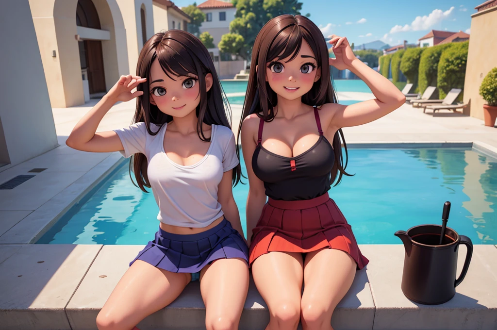 Ultra realistic , 2 girl, obra maestra, mejor calidad, alta calidad, defined, detailed, HD, (piel morena), ojos definidos, ojos cafes intensos, long eyelashes, small mouth, sonrisa, very long hair, pelo liso, pelo oscuro, cuerpo reducido, bosom barely contained, big breasts, sexy, posando foto, pose lasciva, sin sostenes, no bra, excitada, pezones erectos, nice view, full body, perfect body, perfect legs, perfect hands, perfect fingers, abierta, mojada, sudada, caliente, tight, sonrojada, no socks, peinada hacia atras, petites, ((no skirts)), ((lil sister)), hot big sister, barely covering, lean, unaware, heat, no panties, (sexiest underwear barely wearing), view from above, smartphone, talking, fountain, splash, sitting, open legs