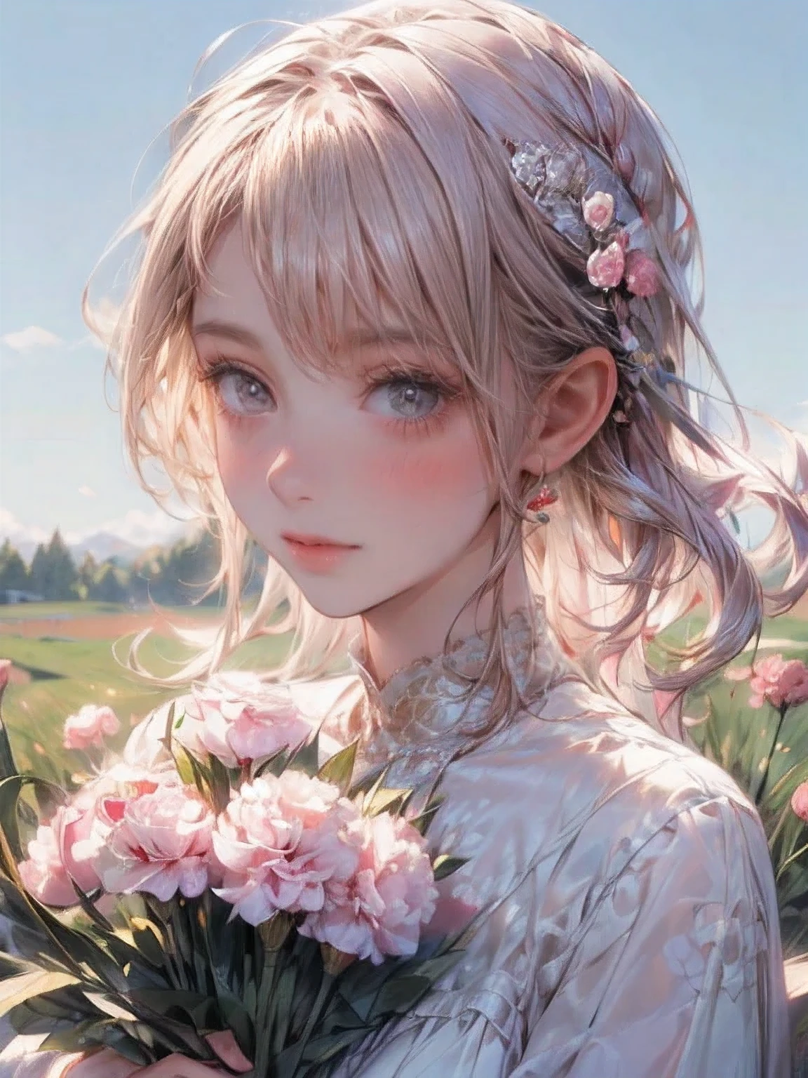 masterpiece:1.2,highest quality,16k,highres,ultra-realistic,photorealistic:1.37,beautiful detailed:1.2, carnation cute fairy girl,standing in a meadow full of carnations,holding a bouquet of carnations,meadow(colorful carnations,full of carnations,bluesky),beautiful delicate gorgeous dress with a carnation motif,Beautiful and elegant pose,gently smile,beautiful delicate(hair,face,long eyelash,eyes,pupils,lips,knee,dress),sparkling eyes,shining rosy lips,blushed cheek,through bangs,