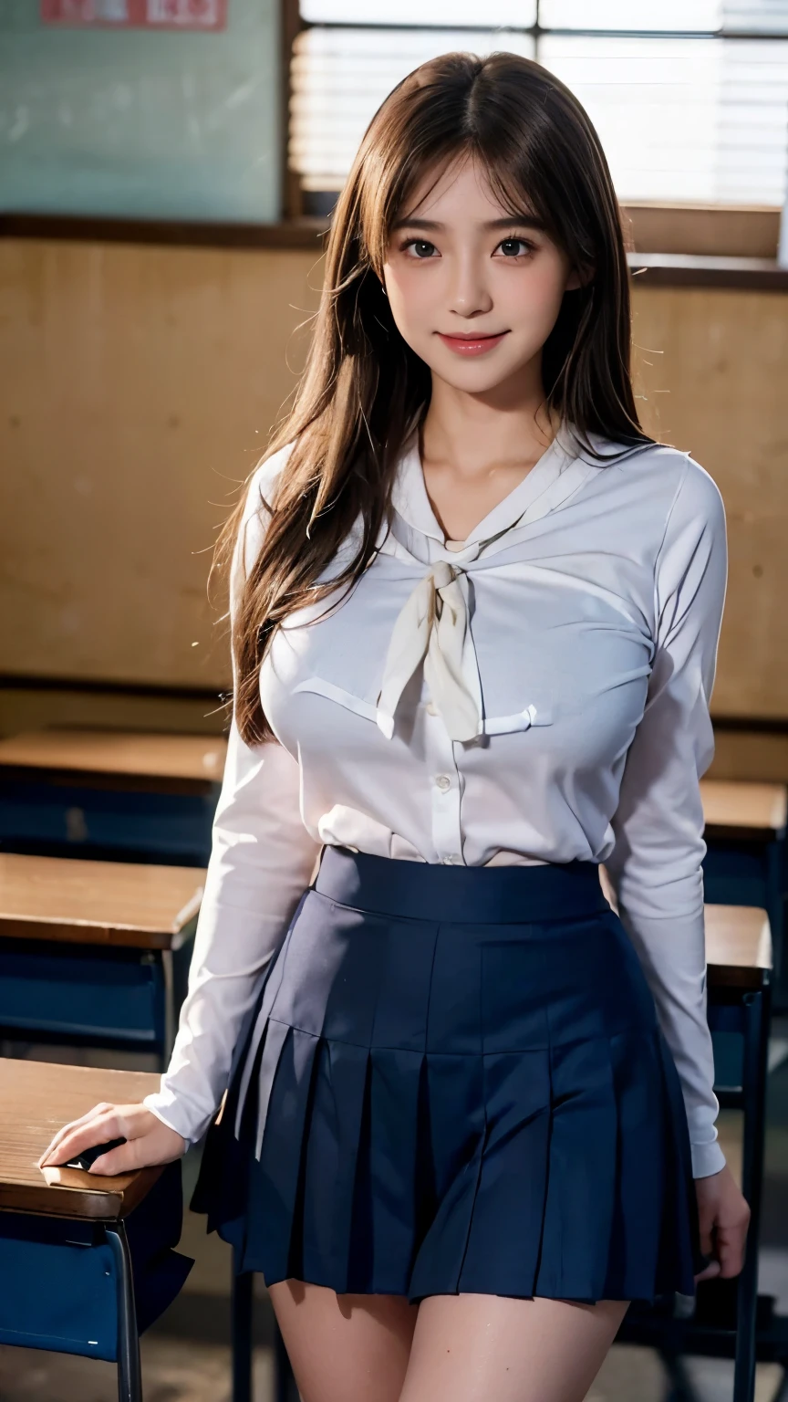 ((Beautiful Japanese Girls:1.3)) ((School uniform:1.4)) ((Panty shot:1.5)) ((high school)),((Dark Blue Skirt:1.3)) ((In the classroom:1.3)) ((thin_fabric:1.4)) ((Random sexy poses:1.3)) ((Sweaty:1.5))((Blushing:1.4)) ((Big Breasts:1.4)) ((close:1.2)) highest quality,masterpiece,Ultra-high resolution,(Realistic:1.4),RAW Photos,(Real skin texture:1.3),(Film Grain:1.3),Panorama,Portraits,Very wide shot,Tight waist,Cowboy Shot,(In the Dark, Deep Shadow, Modest, Cold Light,) night,(()),Tears flow,,Dust,Tyndall effect,(Performance),One girl,Beautiful and detailed eyes and face,White Jabot,Brown eyes,((Brown Hair:1.2)) ((whole body:1.3)) ((smile:1.3))