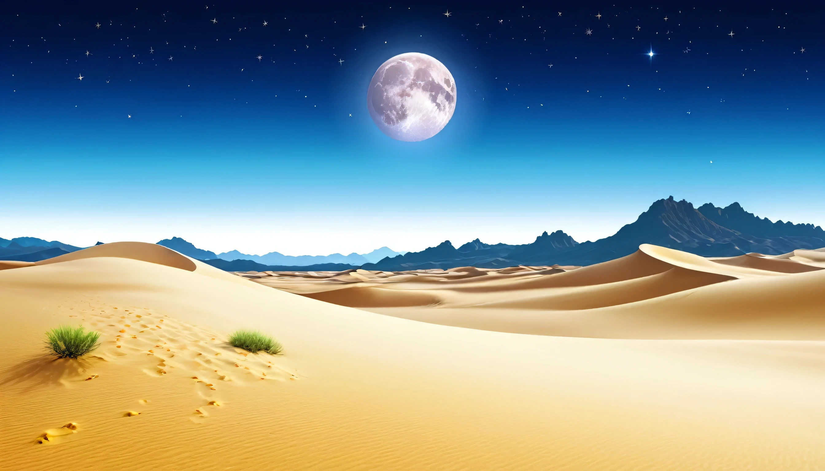 a desert landscape with a prominent moon in the sky, sand dunes, night sky with huge moon shining brightly, full_moon, stars